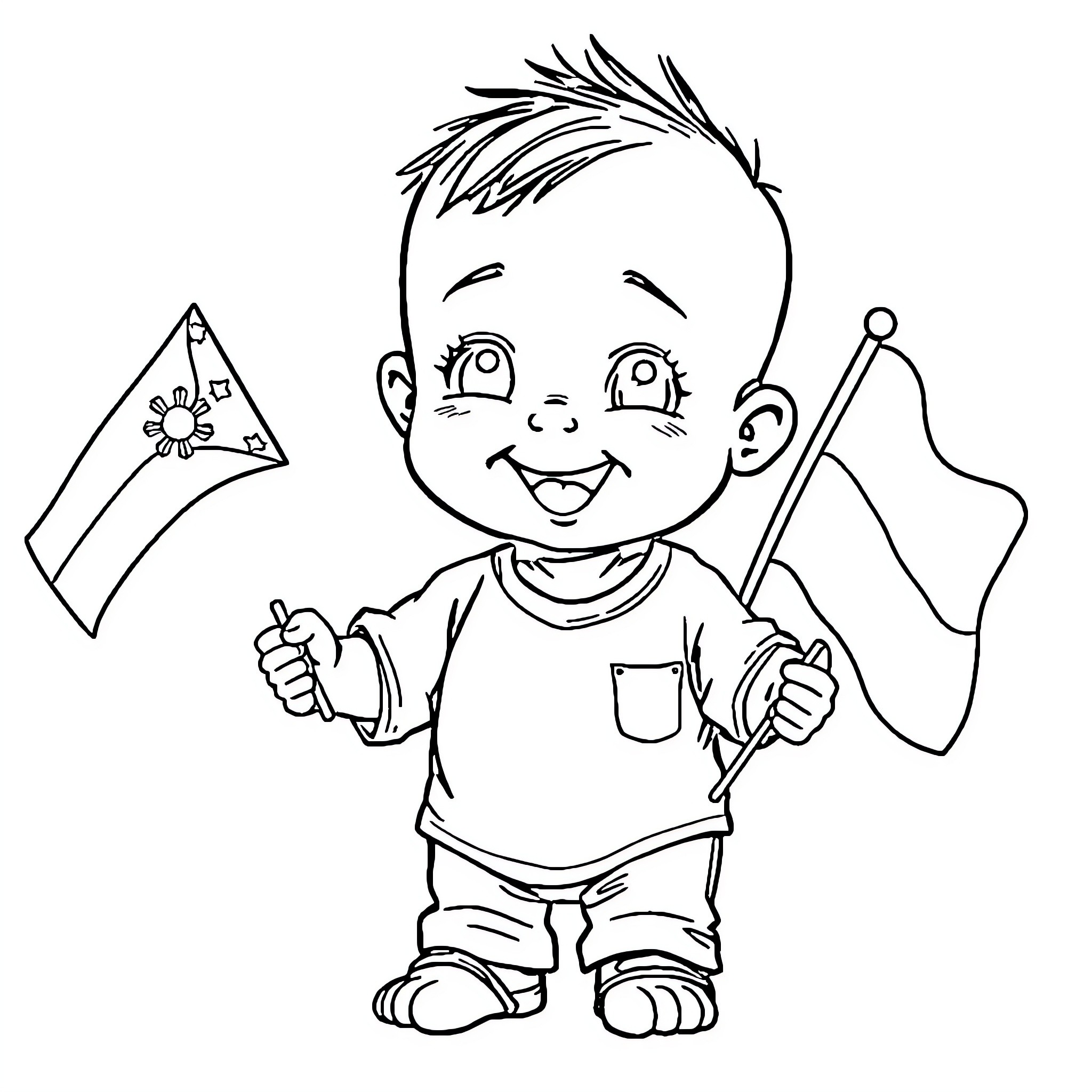 Baby boy celebrating with party flags Coloring Page (free black-and-white line drawing printable PDF for all, from beginners to advanced learners, including children, teens, adults, and seniors)