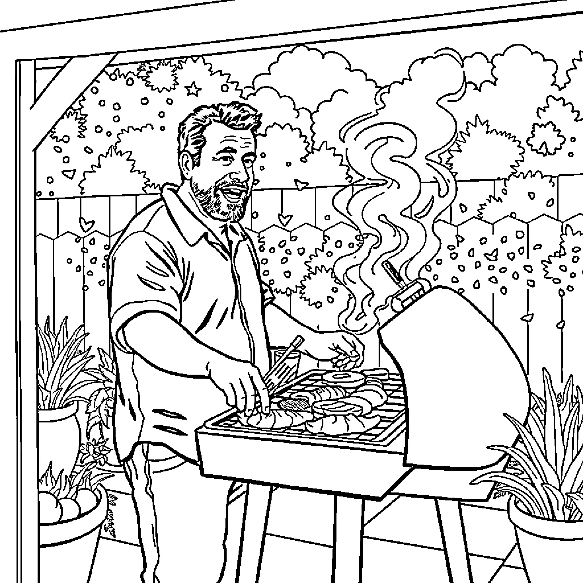 Adam Sandler Grilling Outdoors in the Garden Coloring Page (free black-and-white line drawing printable PDF for all, from beginners to advanced learners, including children, teens, adults, and seniors)