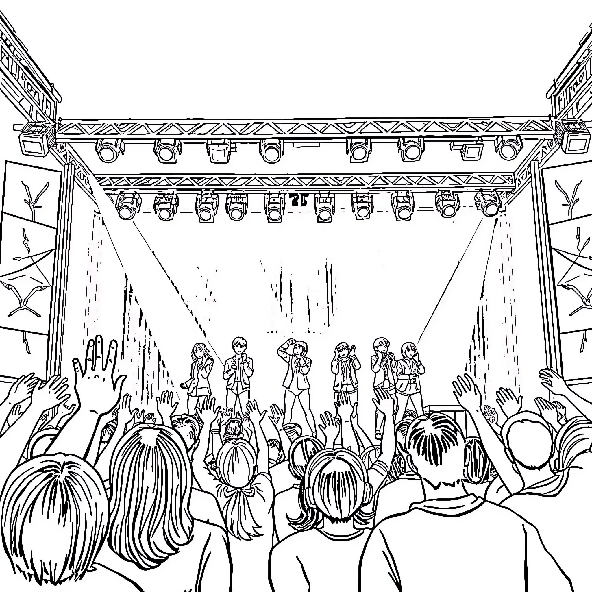 BTS Performing on Stage Before a Cheering Crowd Coloring Page (free black-and-white line drawing printable PDF for all, from beginners to advanced learners, including children, teens, adults, and seniors)