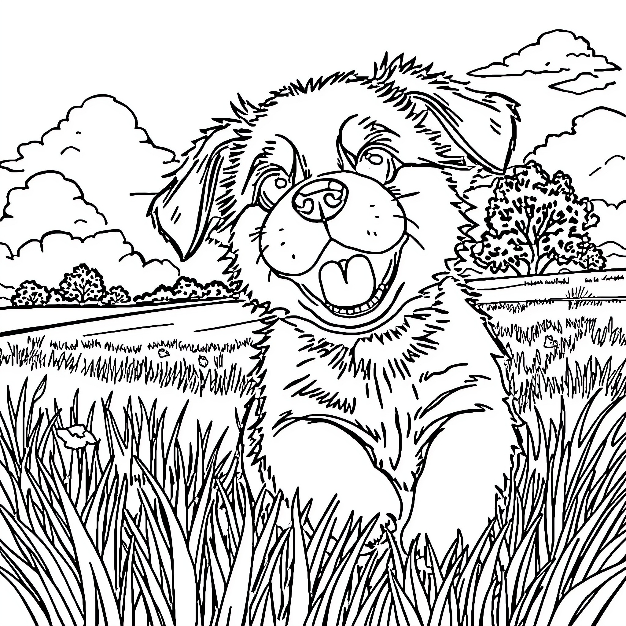 Puppy exploring the great outdoors Coloring Page (free black-and-white line drawing printable PDF for all, from beginners to advanced learners, including children, teens, adults, and seniors)