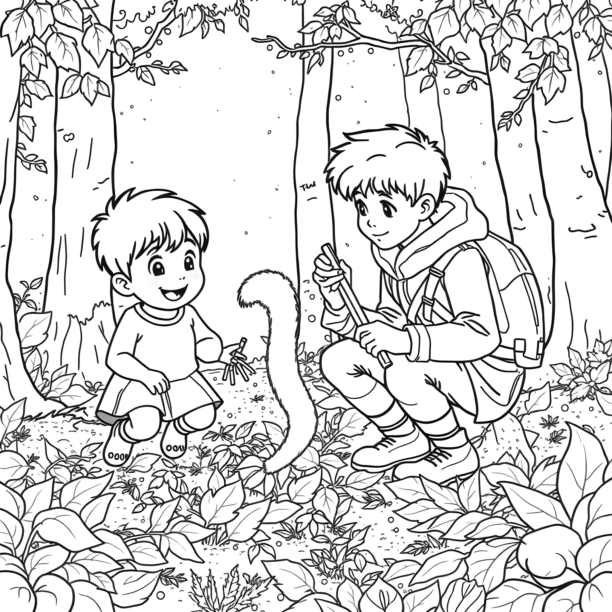 Sami's Adventure in the Enchanted Forest Coloring Page (free black-and-white line drawing printable PDF for all, from beginners to advanced learners, including children, teens, adults, and seniors)