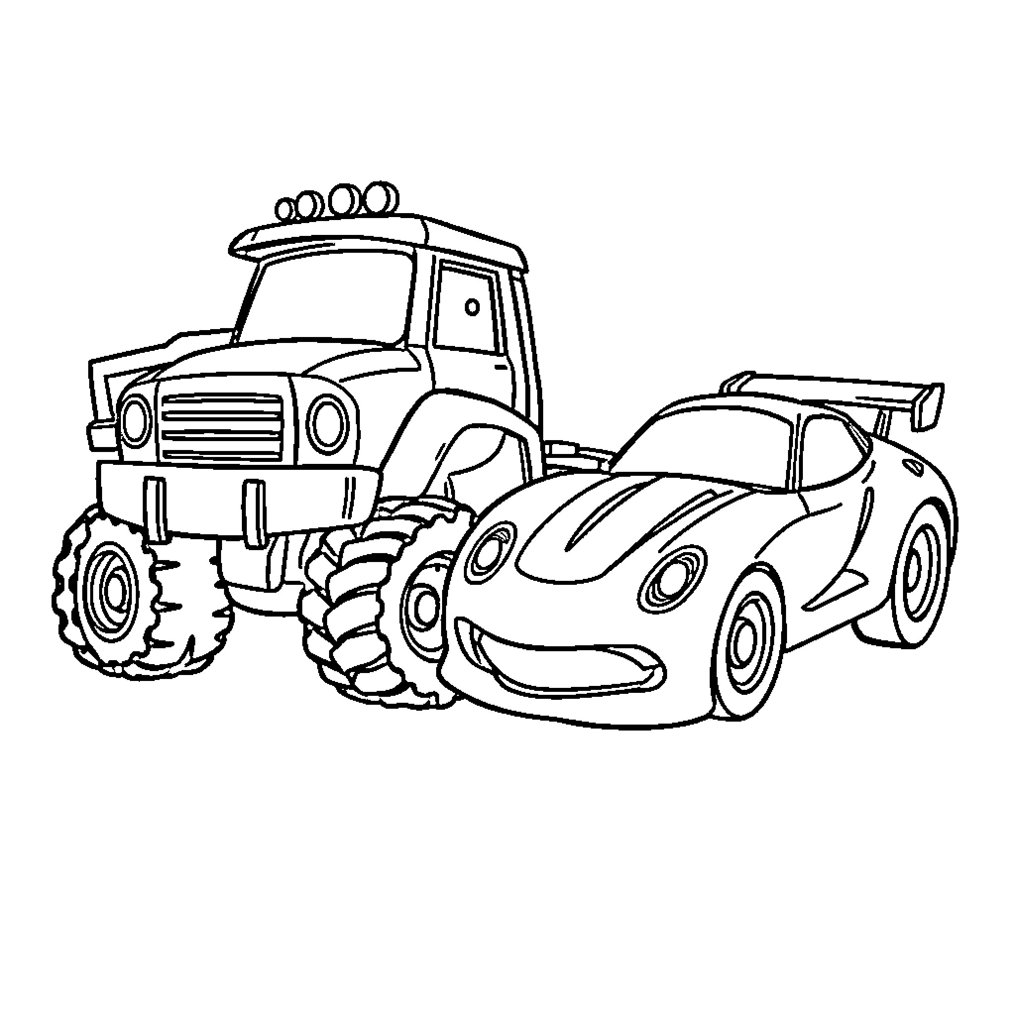 Truck and sports car illustration Coloring Page (free black-and-white line drawing printable PDF for all, from beginners to advanced learners, including children, teens, adults, and seniors)