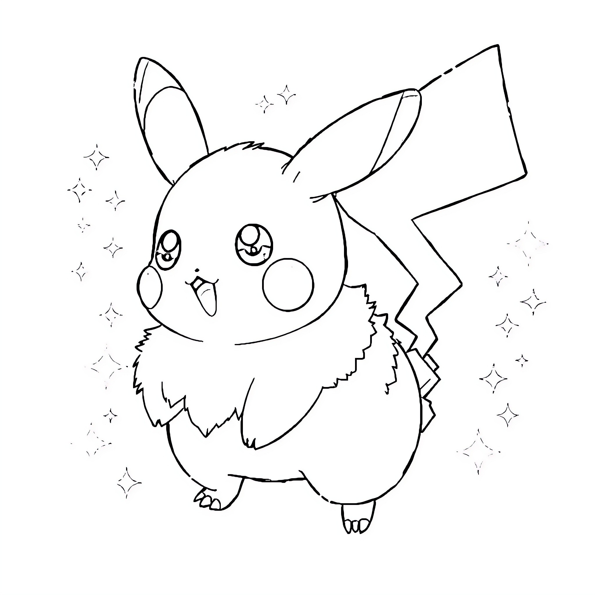 Pikachu celebrating with sparkling stars Coloring Page (free black-and-white line drawing printable PDF for all, from beginners to advanced learners, including children, teens, adults, and seniors)