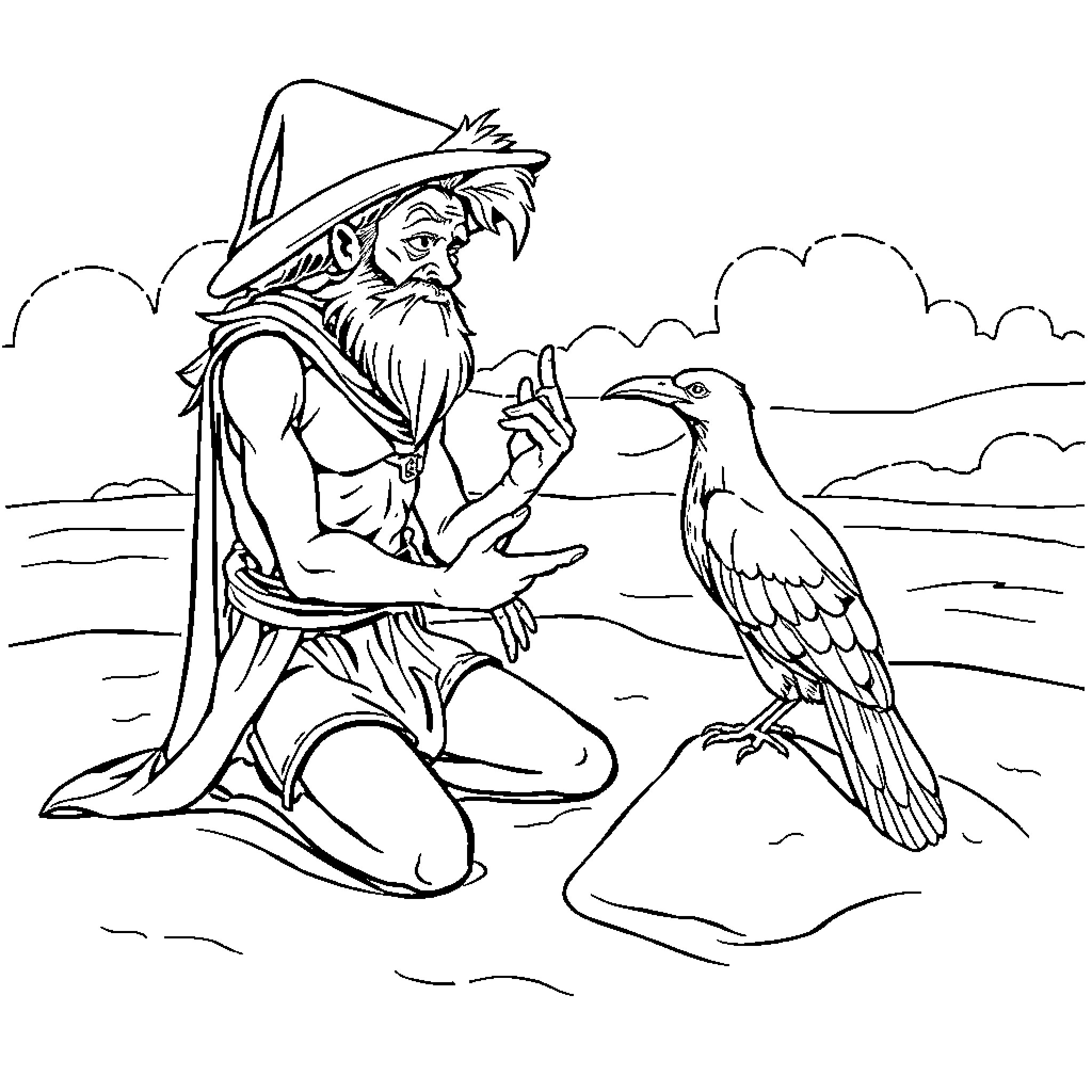 Sandman interacting with a bird in a natural setting Coloring Page (free black-and-white line drawing printable PDF for all, from beginners to advanced learners, including children, teens, adults, and seniors)