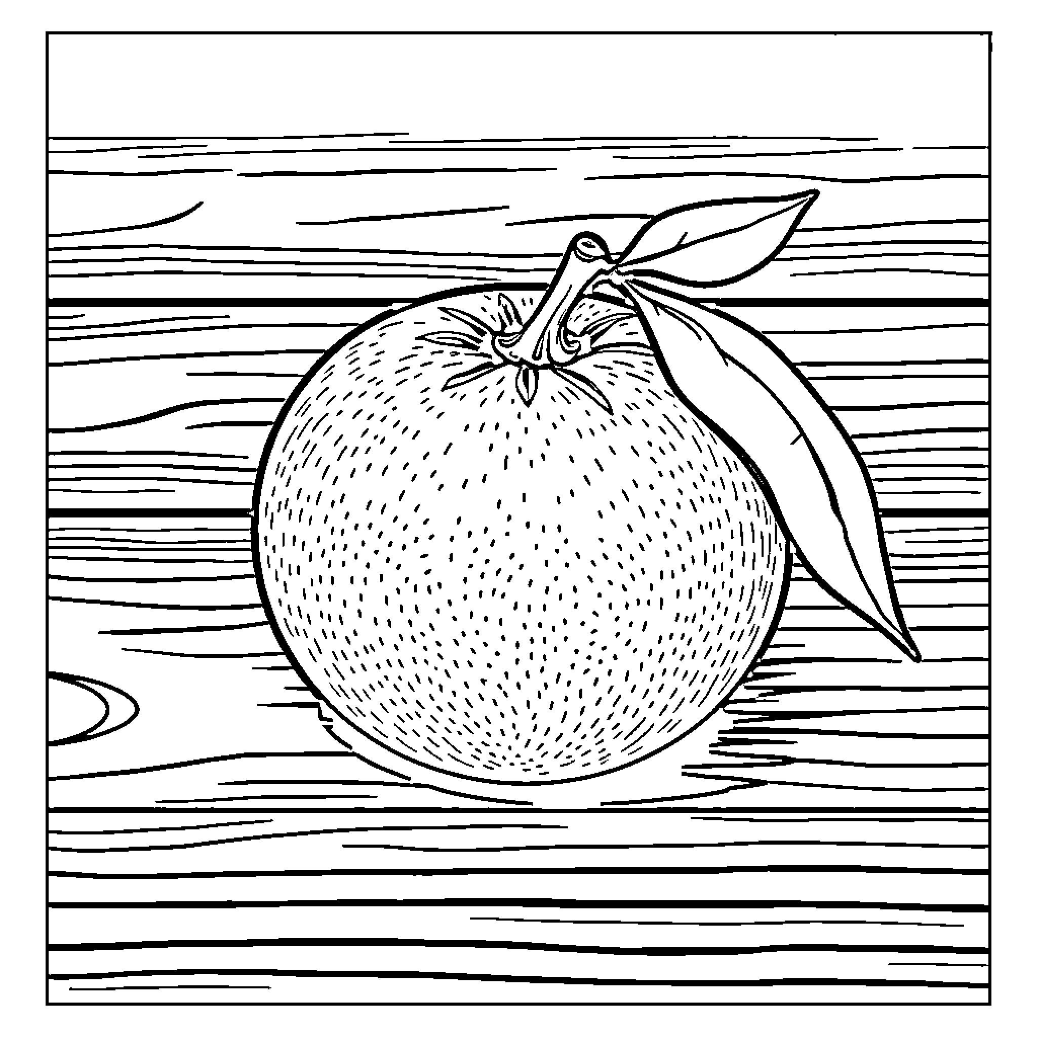 Orange fruit with leaf on wooden surface Coloring Page (free black-and-white line drawing printable PDF for all, from beginners to advanced learners, including children, teens, adults, and seniors)