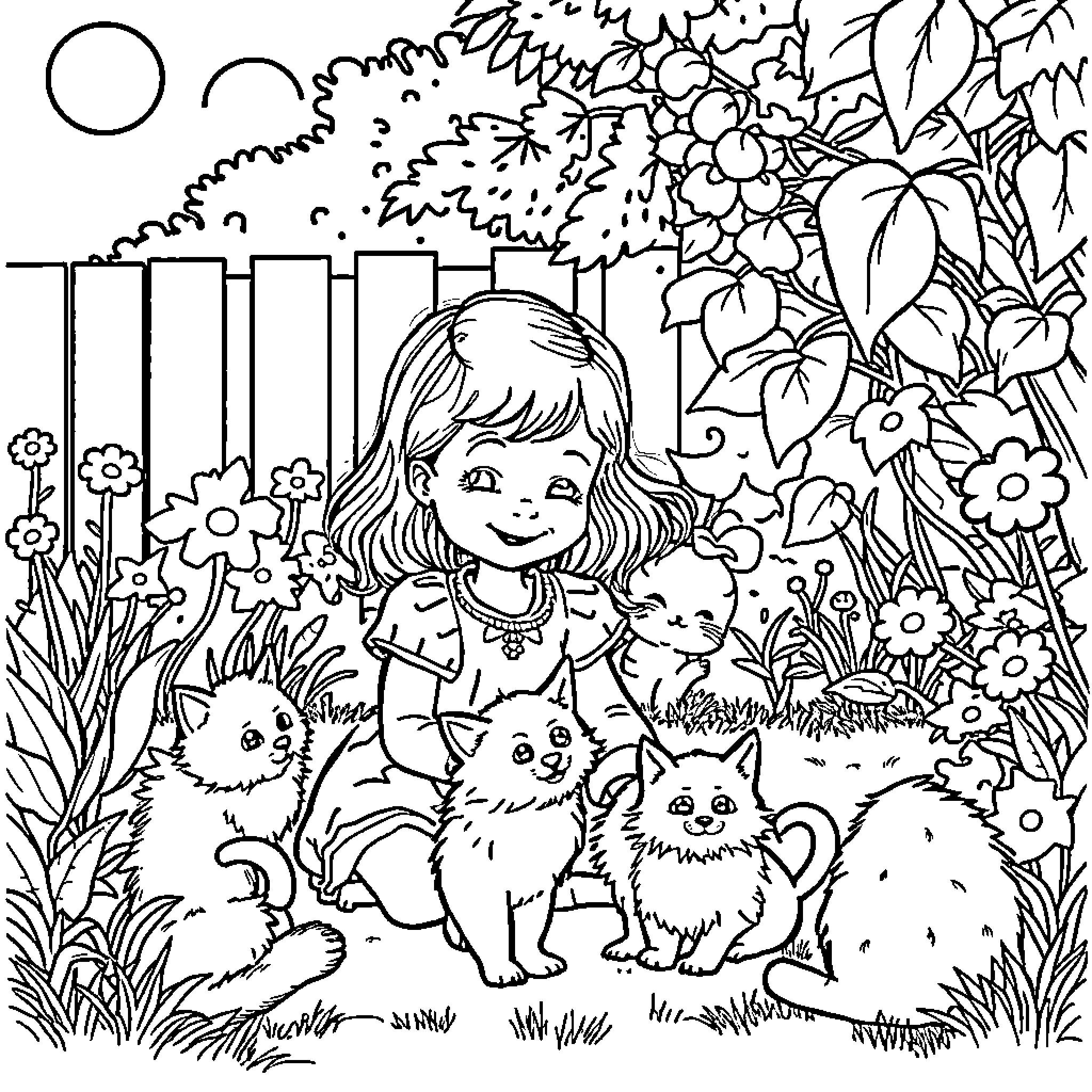 Girl playing with cute kittens in a lush garden Coloring Page (free black-and-white line drawing printable PDF for all, from beginners to advanced learners, including children, teens, adults, and seniors)