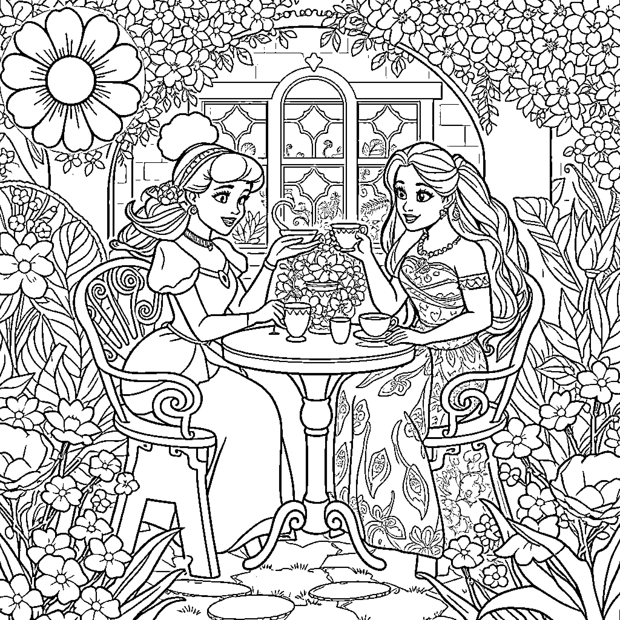 Cinderella and Belle Enjoying Tea in the Garden Coloring Page (free black-and-white line drawing printable PDF for all, from beginners to advanced learners, including children, teens, adults, and seniors)