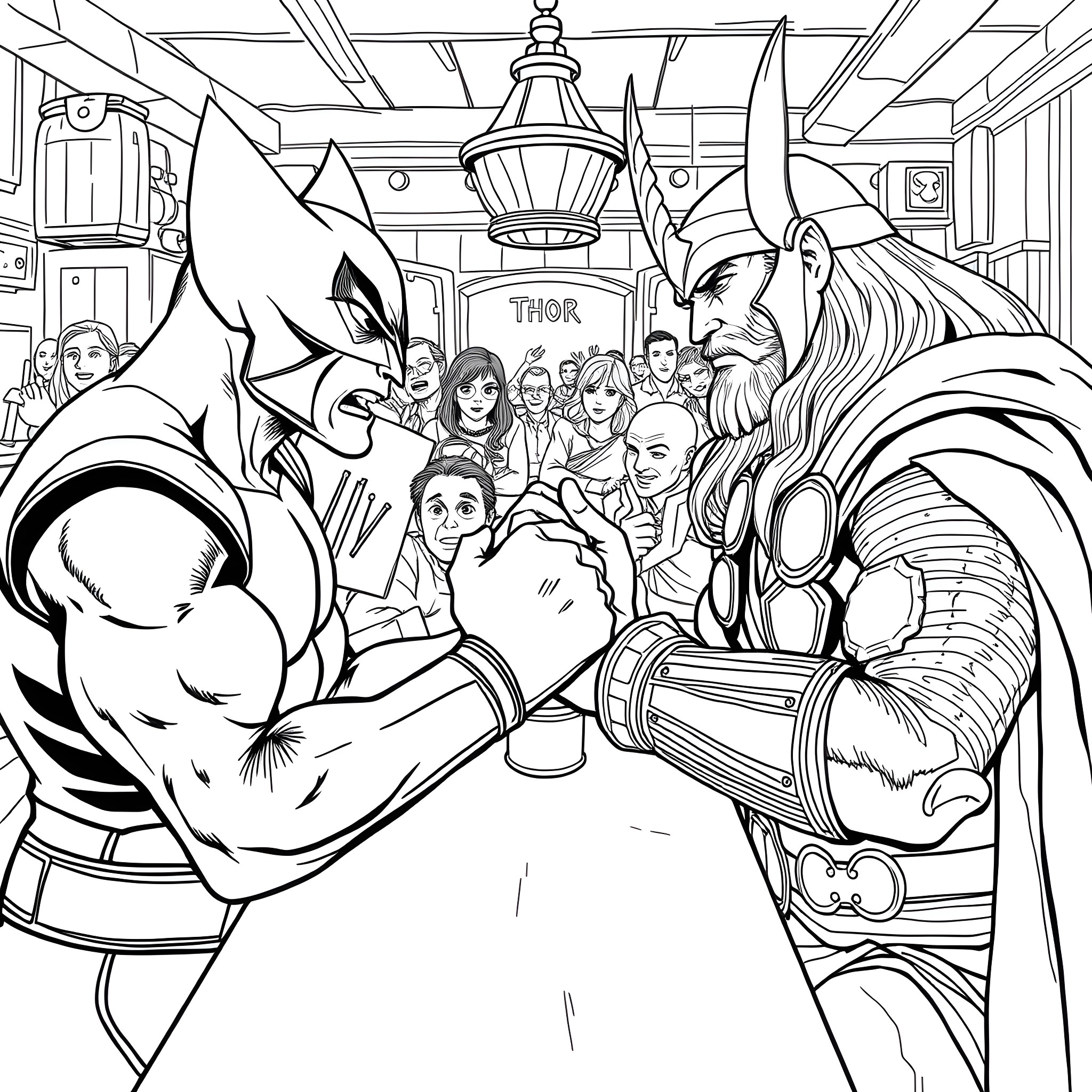 Wolverine and Thor fighting in a crowded room Coloring Page (free black-and-white line drawing printable PDF for all, from beginners to advanced learners, including children, teens, adults, and seniors)