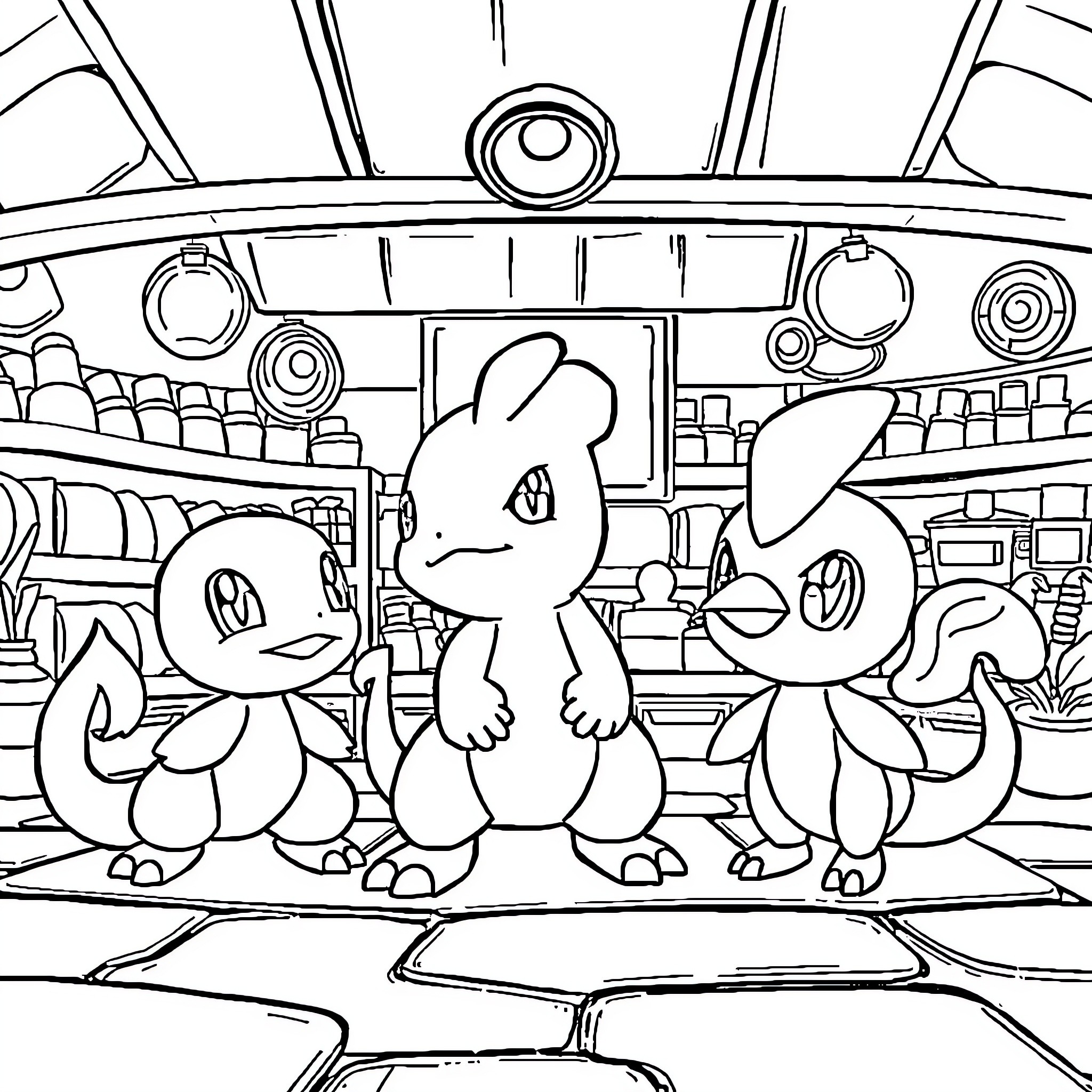 Pokémon characters in a train interior scene Coloring Page (free black-and-white line drawing printable PDF for all, from beginners to advanced learners, including children, teens, adults, and seniors)