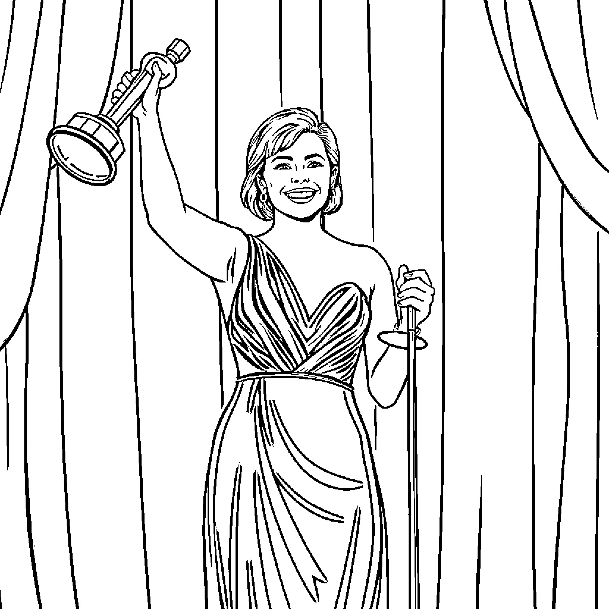 Emma Stone accepting an award on stage Coloring Page (free black-and-white line drawing printable PDF for all, from beginners to advanced learners, including children, teens, adults, and seniors)