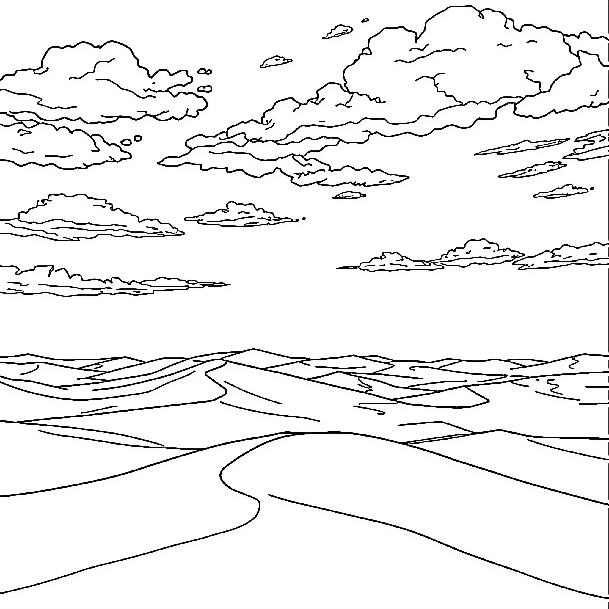 Desert Landscape with Cloudy Skies Coloring Page (free black-and-white line drawing printable PDF for all, from beginners to advanced learners, including children, teens, adults, and seniors)