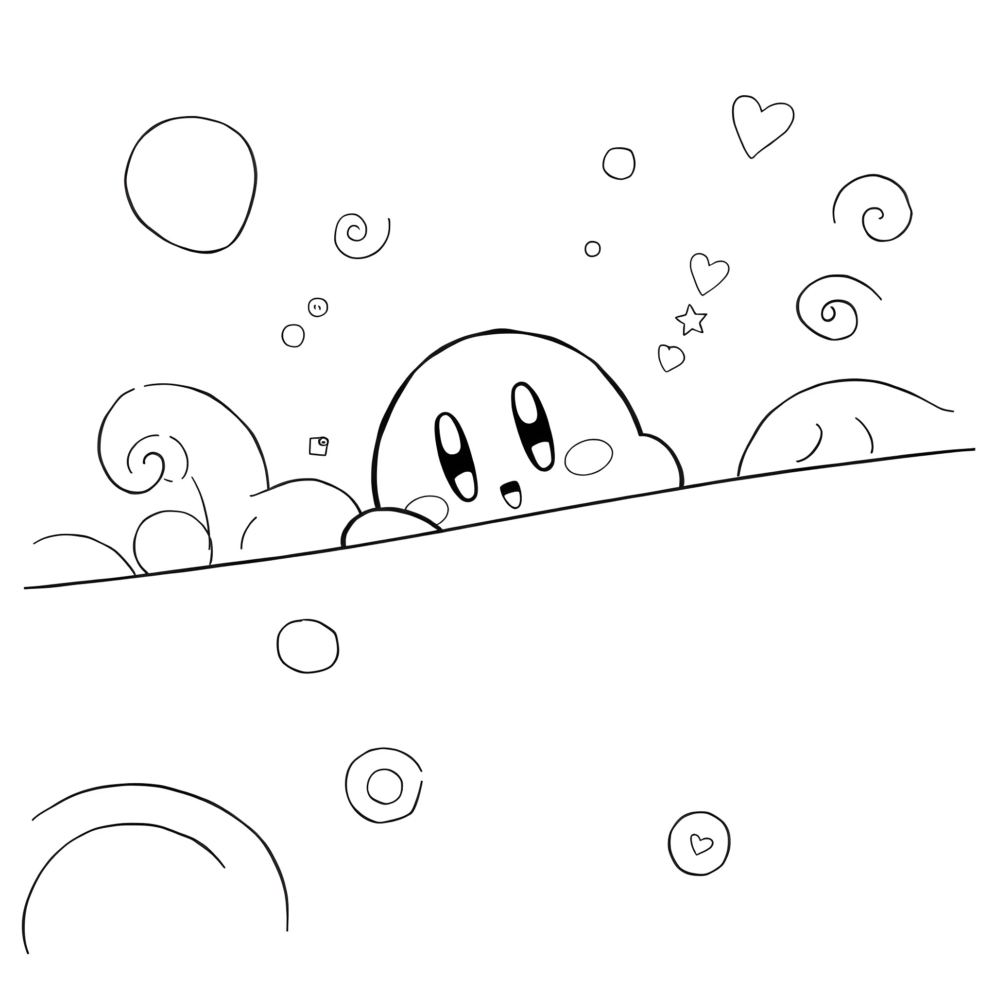 Kirby peeping happily from behind shapes and hearts Coloring Page (free black-and-white line drawing printable PDF for all, from beginners to advanced learners, including children, teens, adults, and seniors)