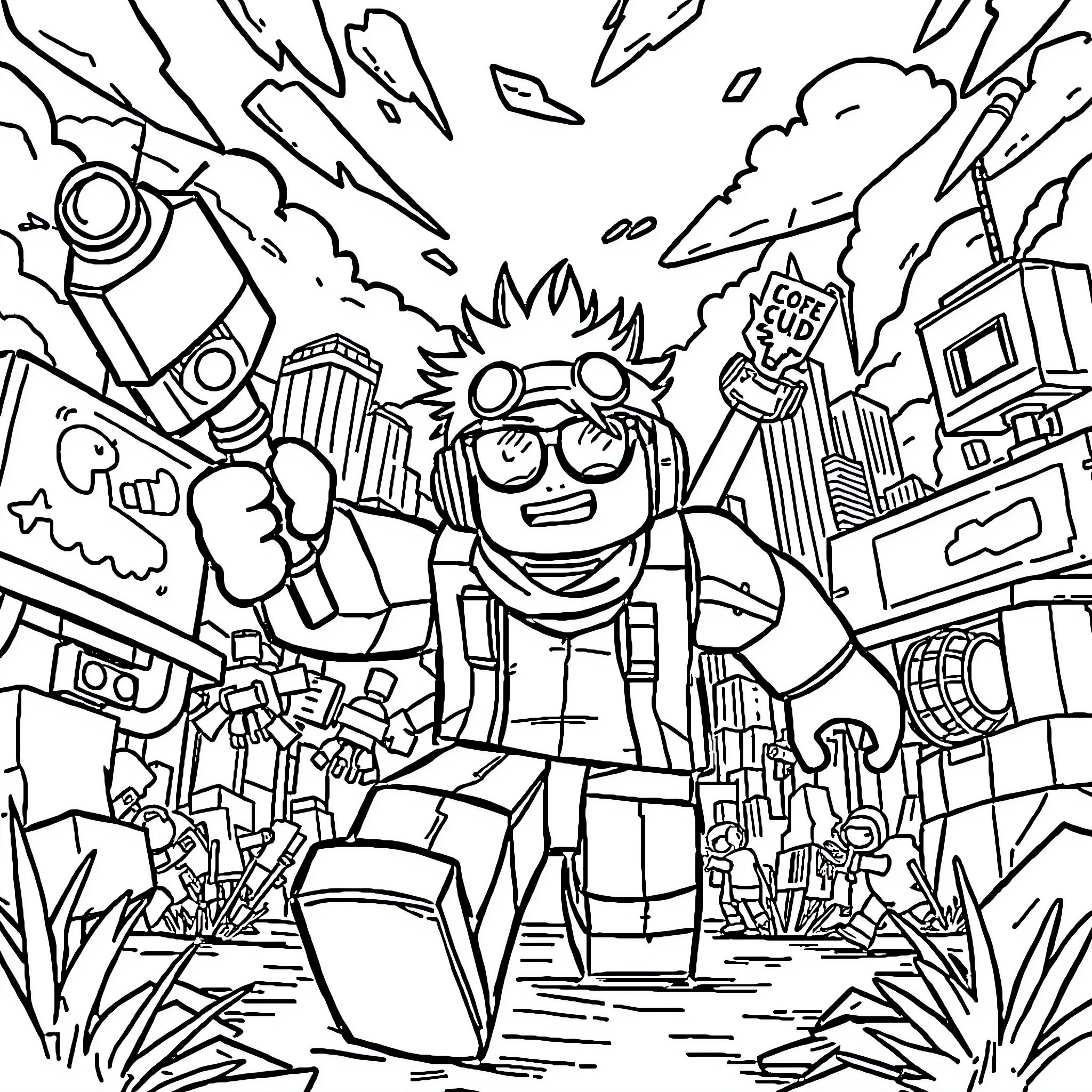 Roblox character in action-packed city scene Coloring Page (free black-and-white line drawing printable PDF for all, from beginners to advanced learners, including children, teens, adults, and seniors)