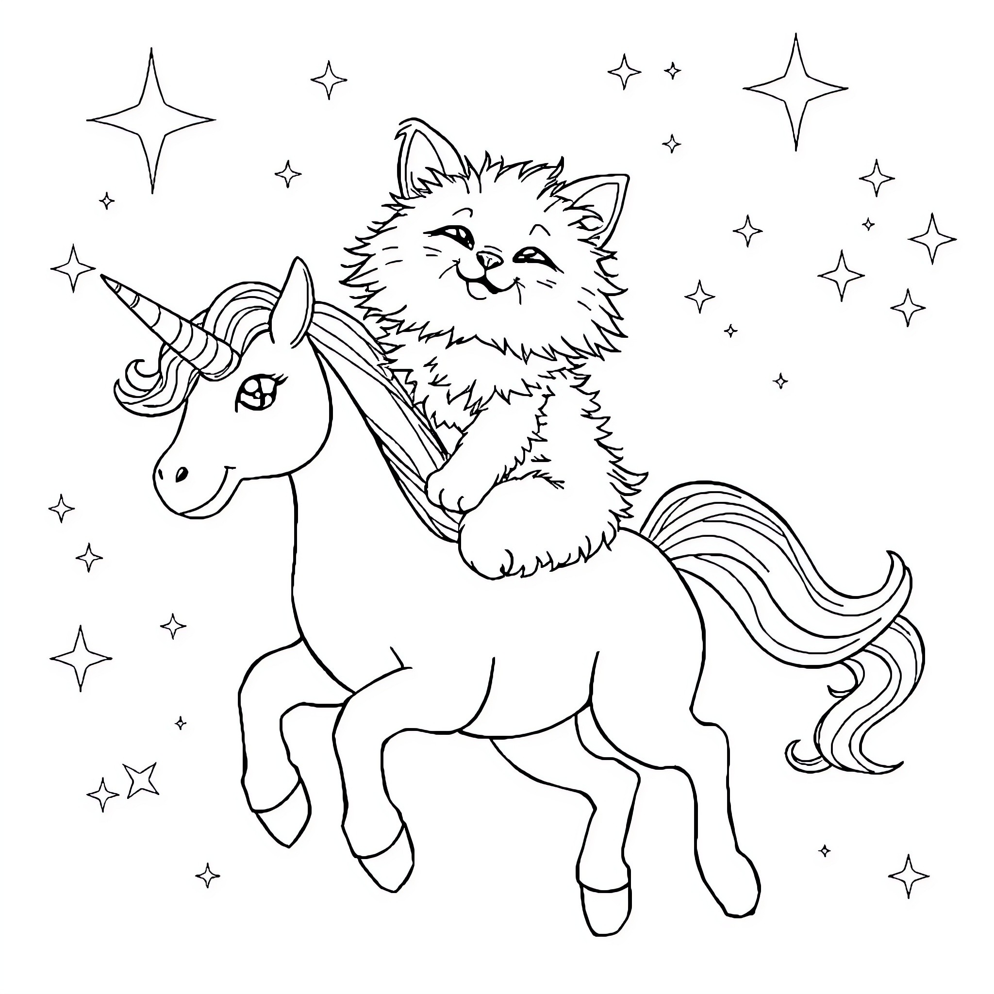 Cat riding a magical unicorn with stars Coloring Page (free black-and-white line drawing printable PDF for all, from beginners to advanced learners, including children, teens, adults, and seniors)