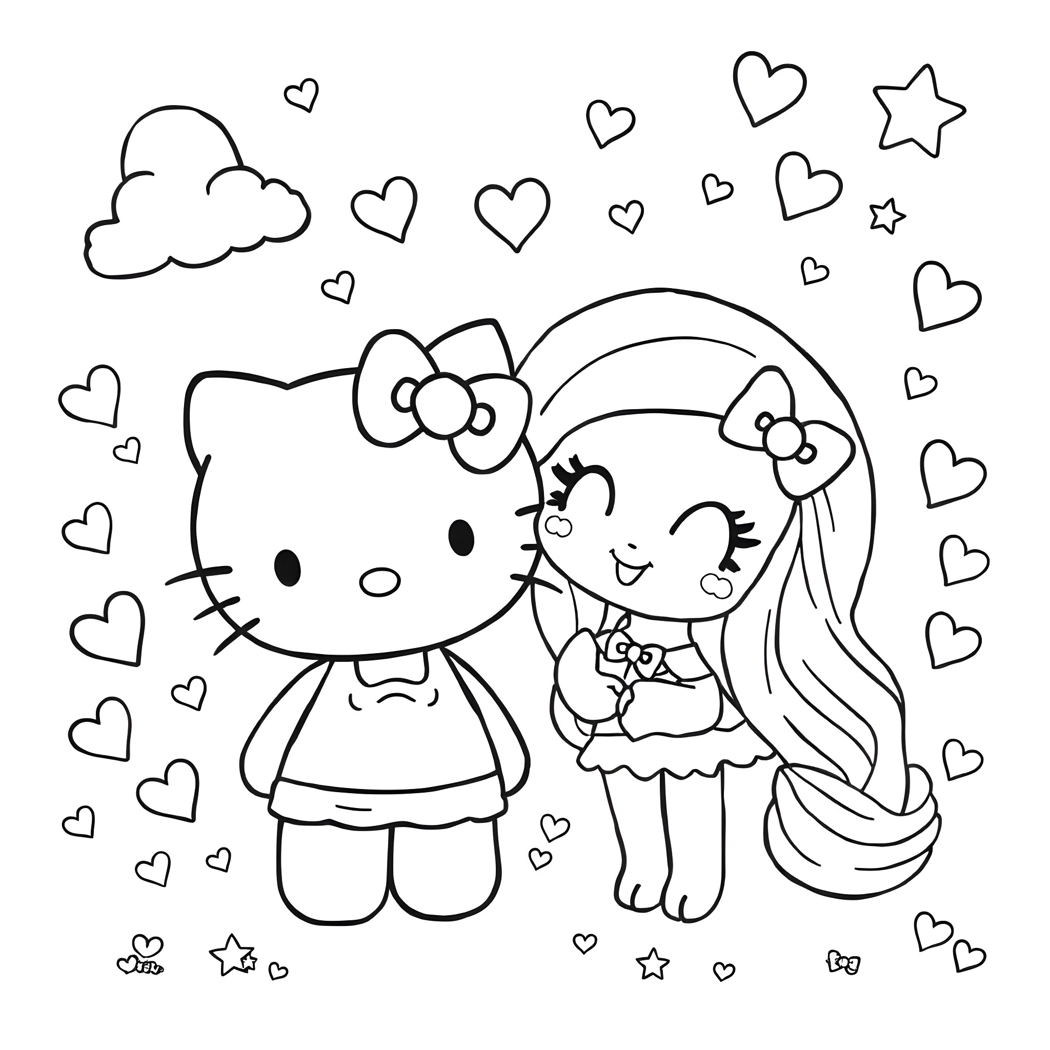 Hello Kitty playing with a girl in a magical scene Coloring Page (free black-and-white line drawing printable PDF for all, from beginners to advanced learners, including children, teens, adults, and seniors)