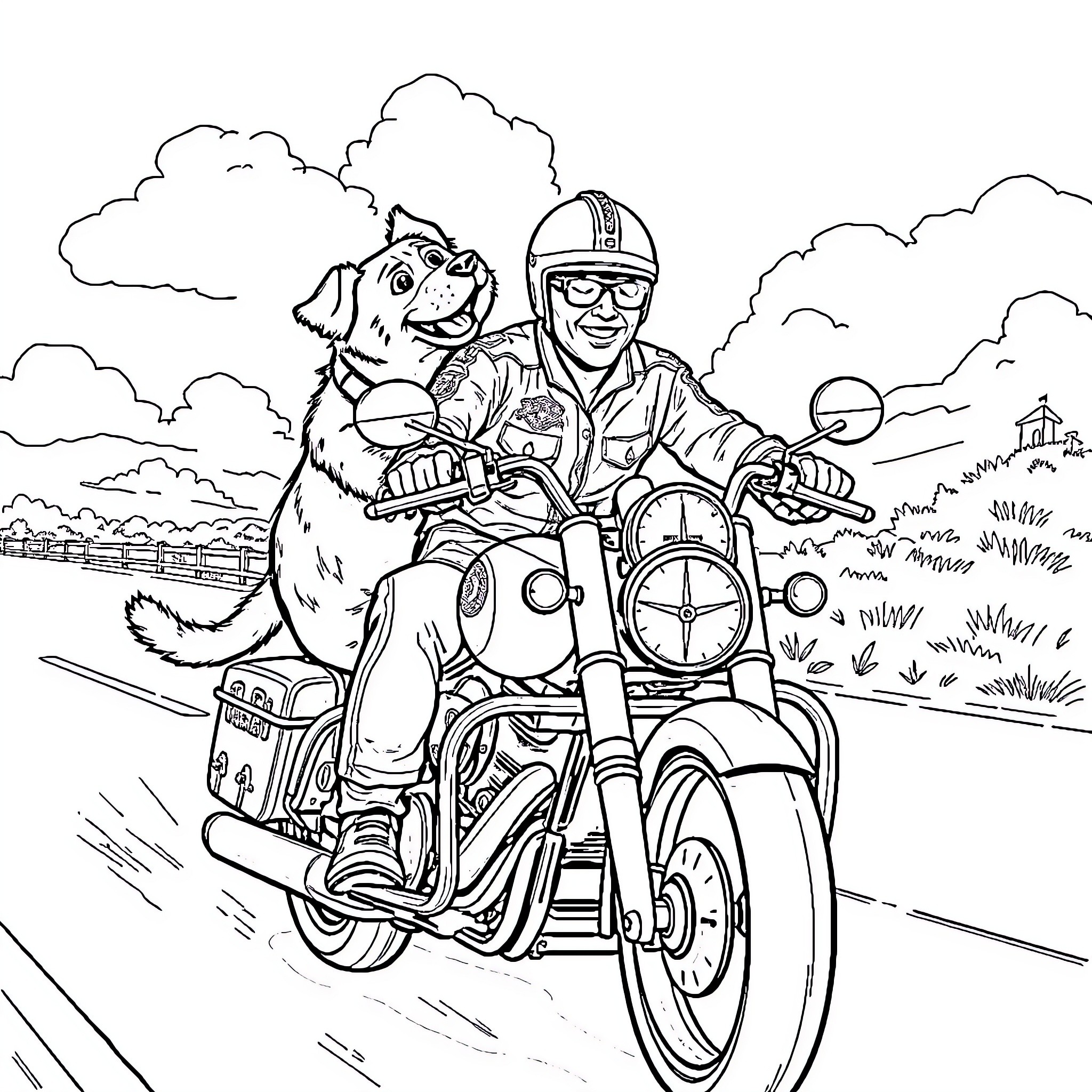 Dog Man riding motorcycle through countryside Coloring Page (free black-and-white line drawing printable PDF for all, from beginners to advanced learners, including children, teens, adults, and seniors)