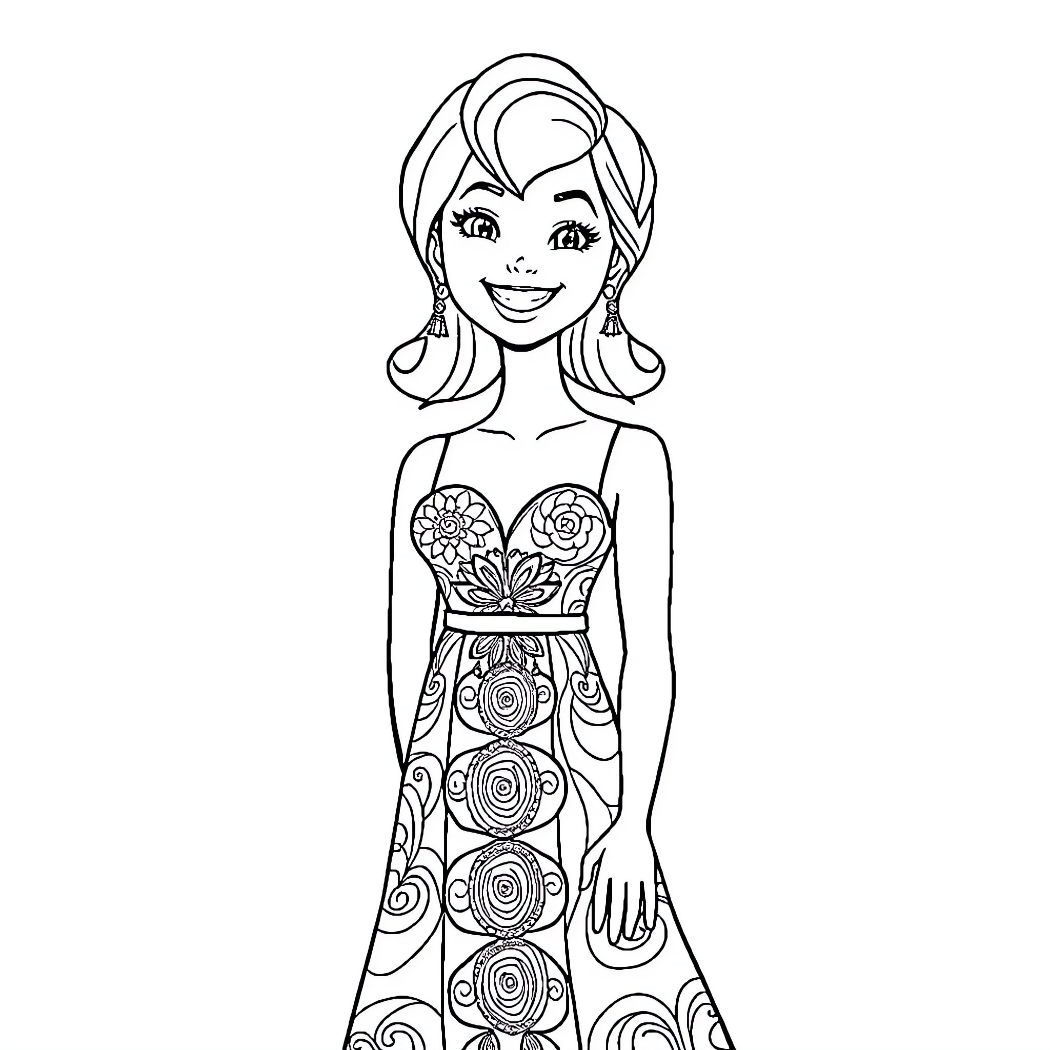 Manon in a Flowery Dress with a Joyful Smile Coloring Page (free black-and-white line drawing printable PDF for all, from beginners to advanced learners, including children, teens, adults, and seniors)
