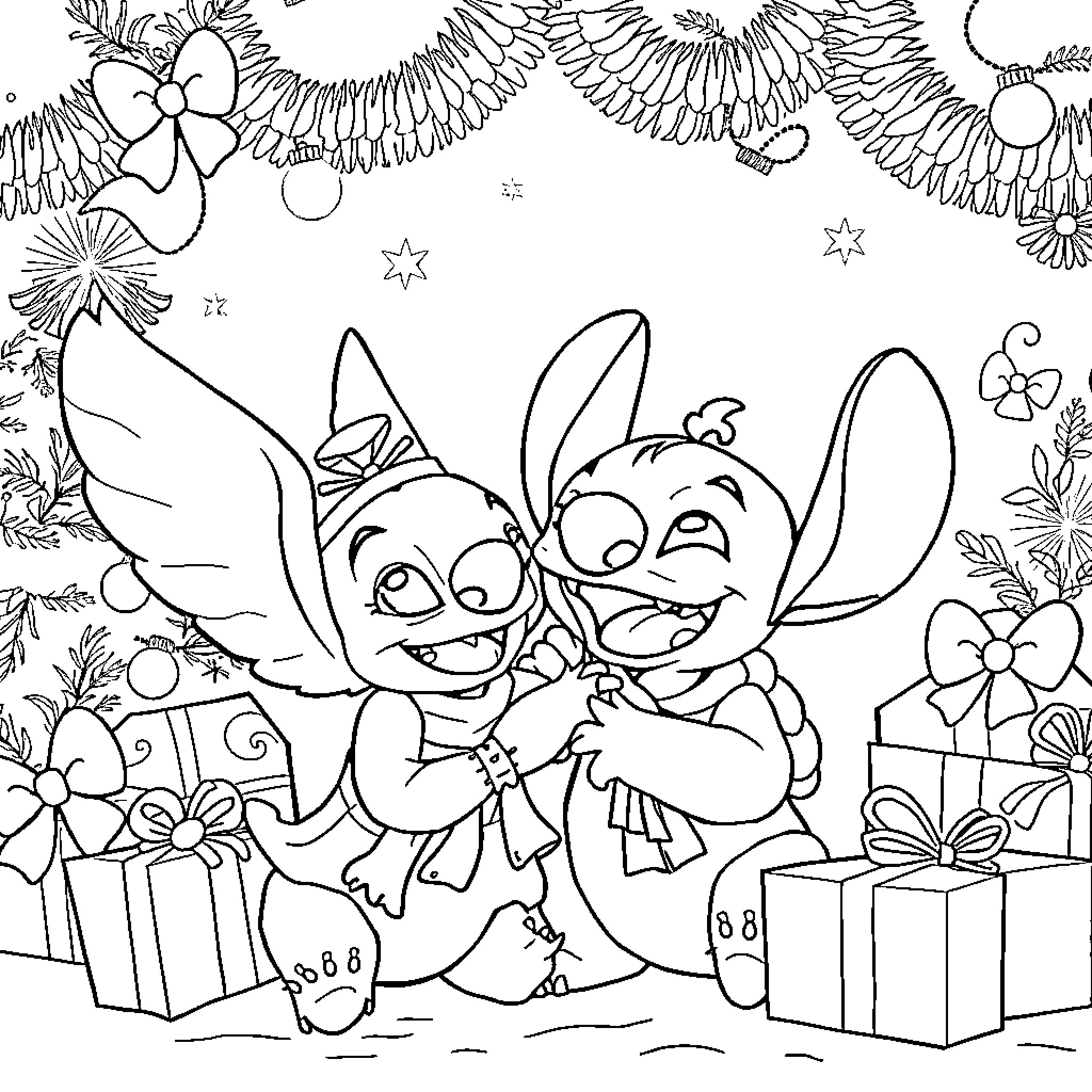 Angel Stitch and Angel Lilo playing among gifts and flowers Coloring Page (free black-and-white line drawing printable PDF for all, from beginners to advanced learners, including children, teens, adults, and seniors)