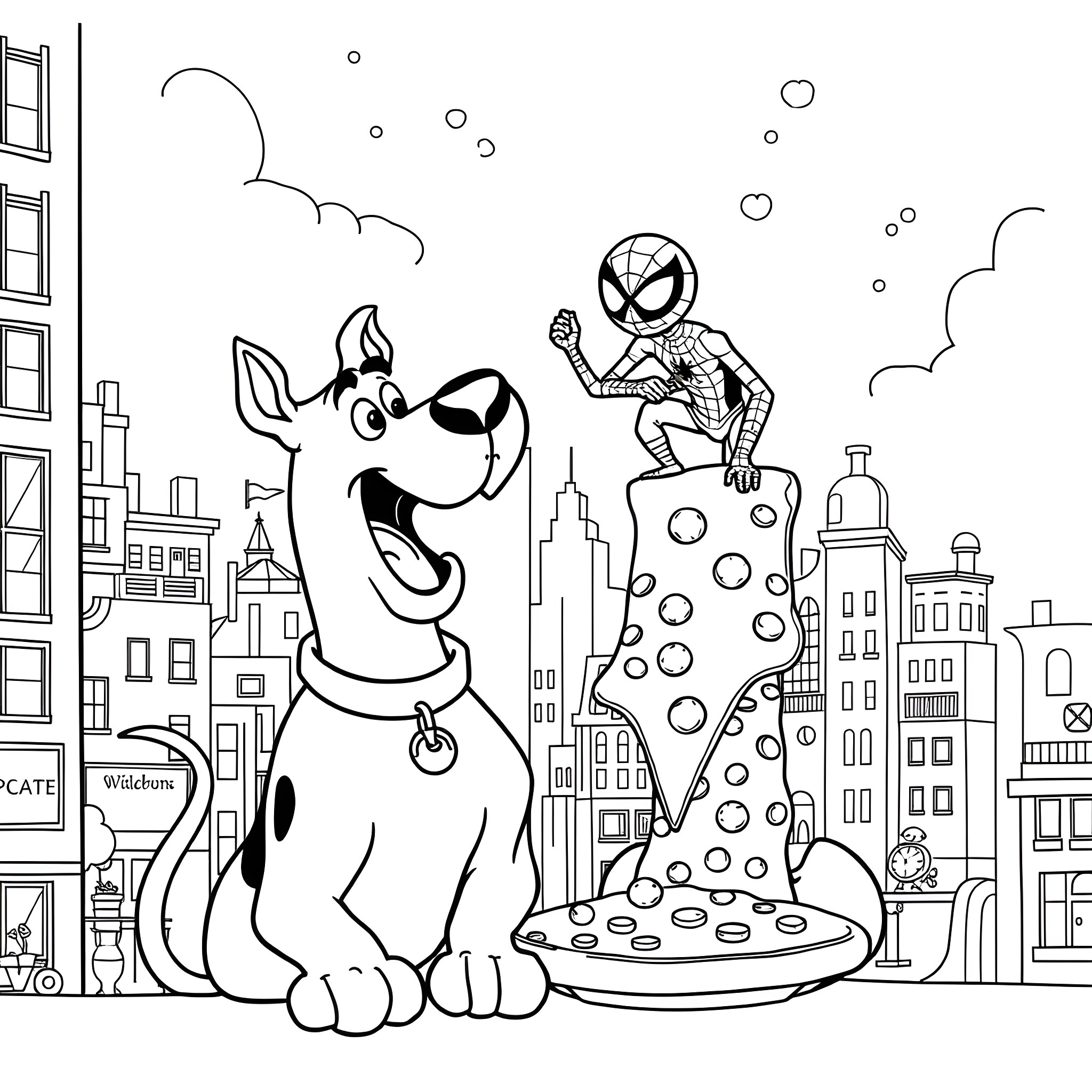 Scooby Doo and Spiderman Explore the City Coloring Page (free black-and-white line drawing printable PDF for all, from beginners to advanced learners, including children, teens, adults, and seniors)
