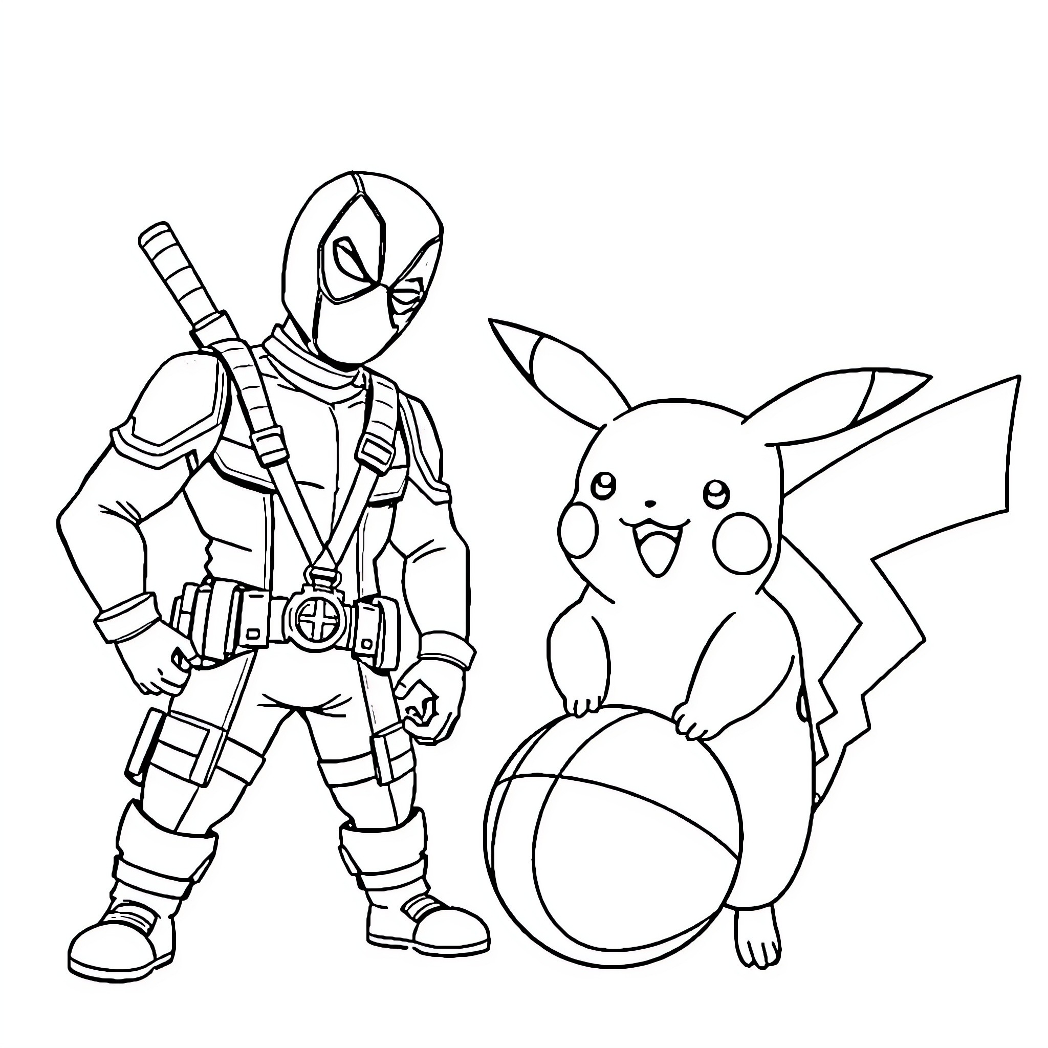 Pikachu and Deadpool playing together Coloring Page (free black-and-white line drawing printable PDF for all, from beginners to advanced learners, including children, teens, adults, and seniors)