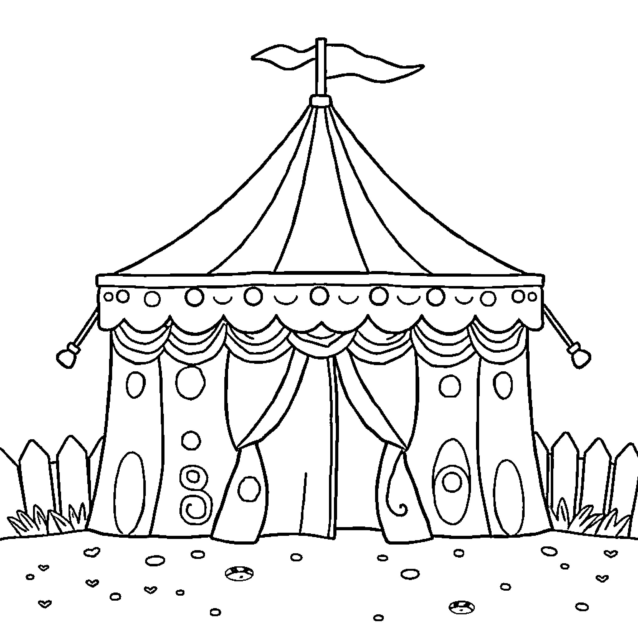 Circus Tent with Curtains and Decor Coloring Page (free black-and-white line drawing printable PDF for all, from beginners to advanced learners, including children, teens, adults, and seniors)