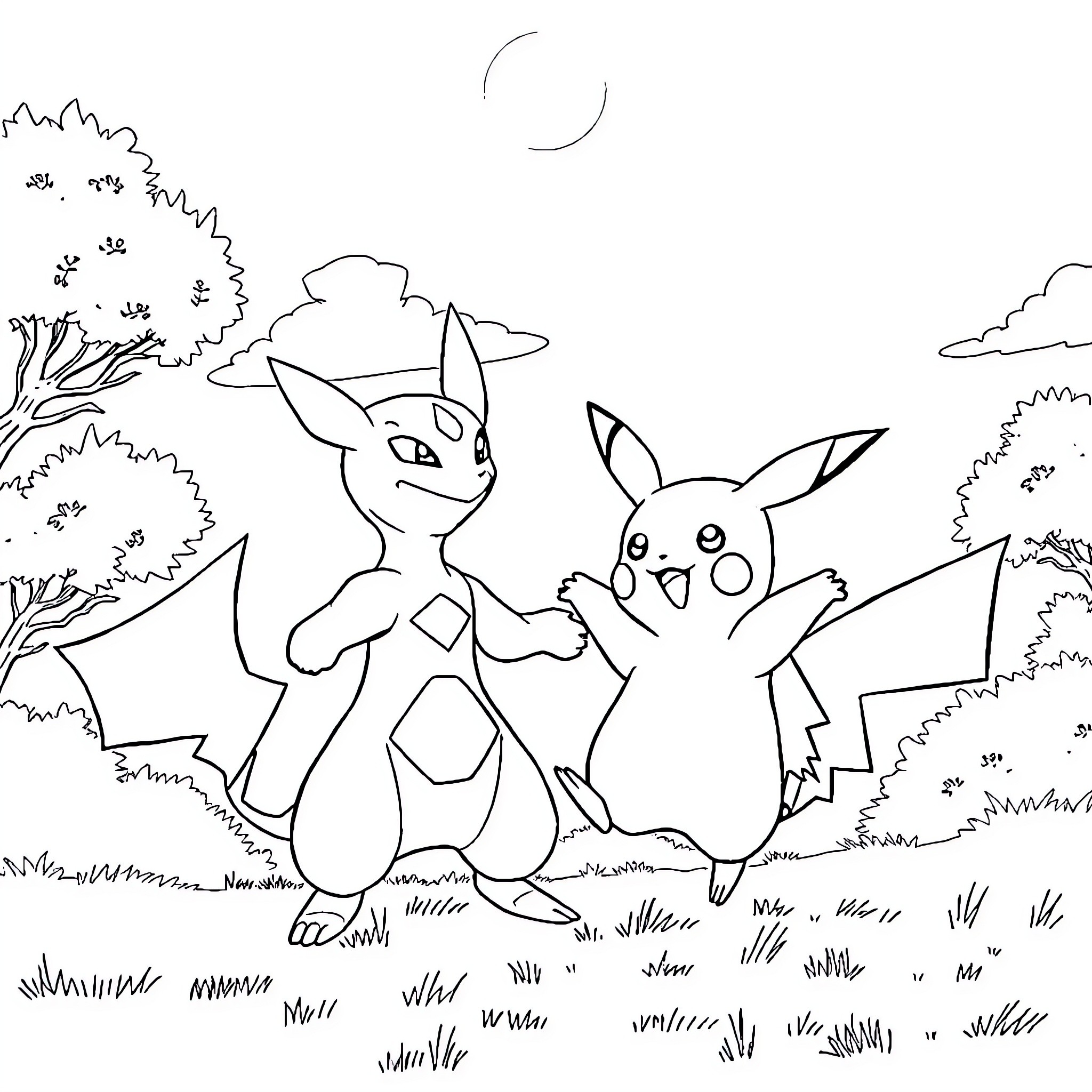 Pikachu and Pichu playing in the forest Coloring Page (free black-and-white line drawing printable PDF for all, from beginners to advanced learners, including children, teens, adults, and seniors)