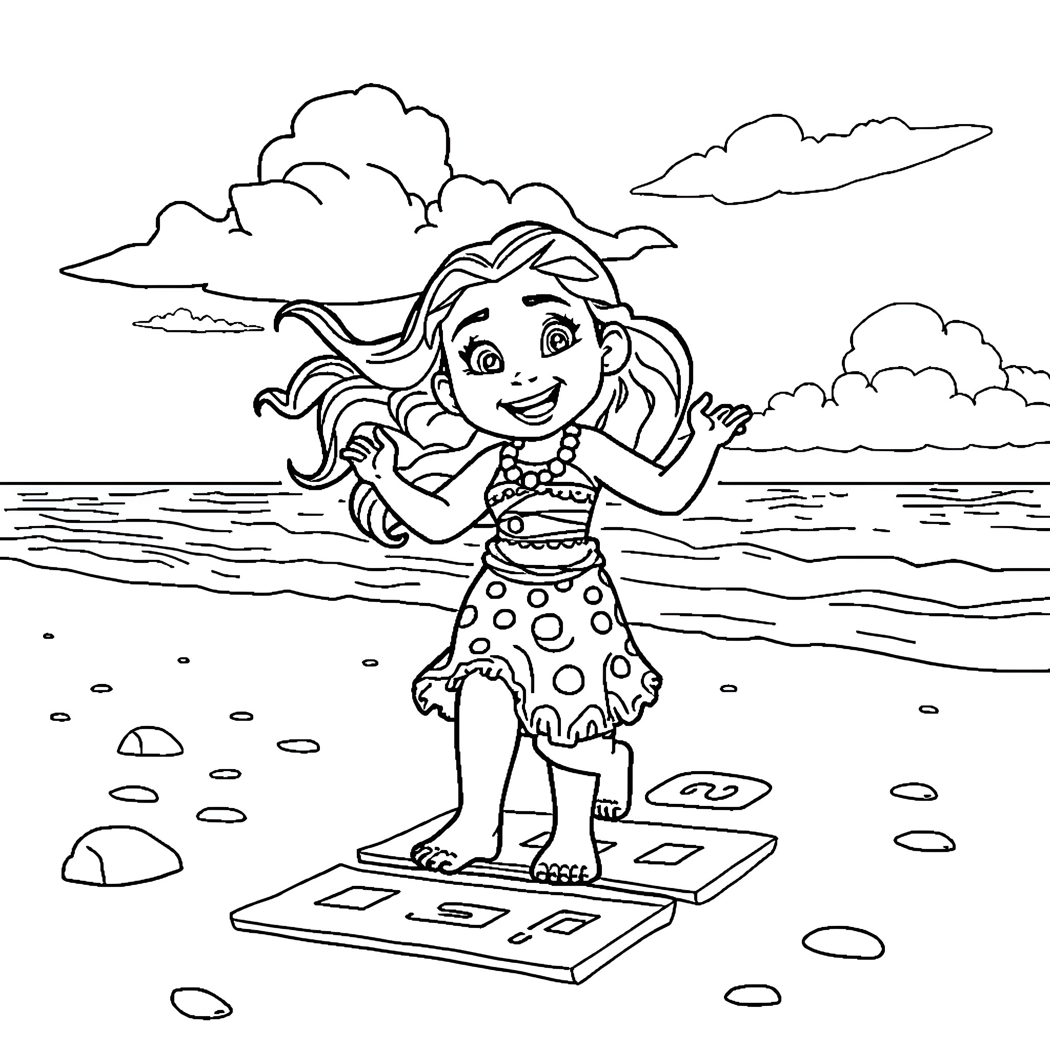 Moana enjoying the beach and waves Coloring Page (free black-and-white line drawing printable PDF for all, from beginners to advanced learners, including children, teens, adults, and seniors)