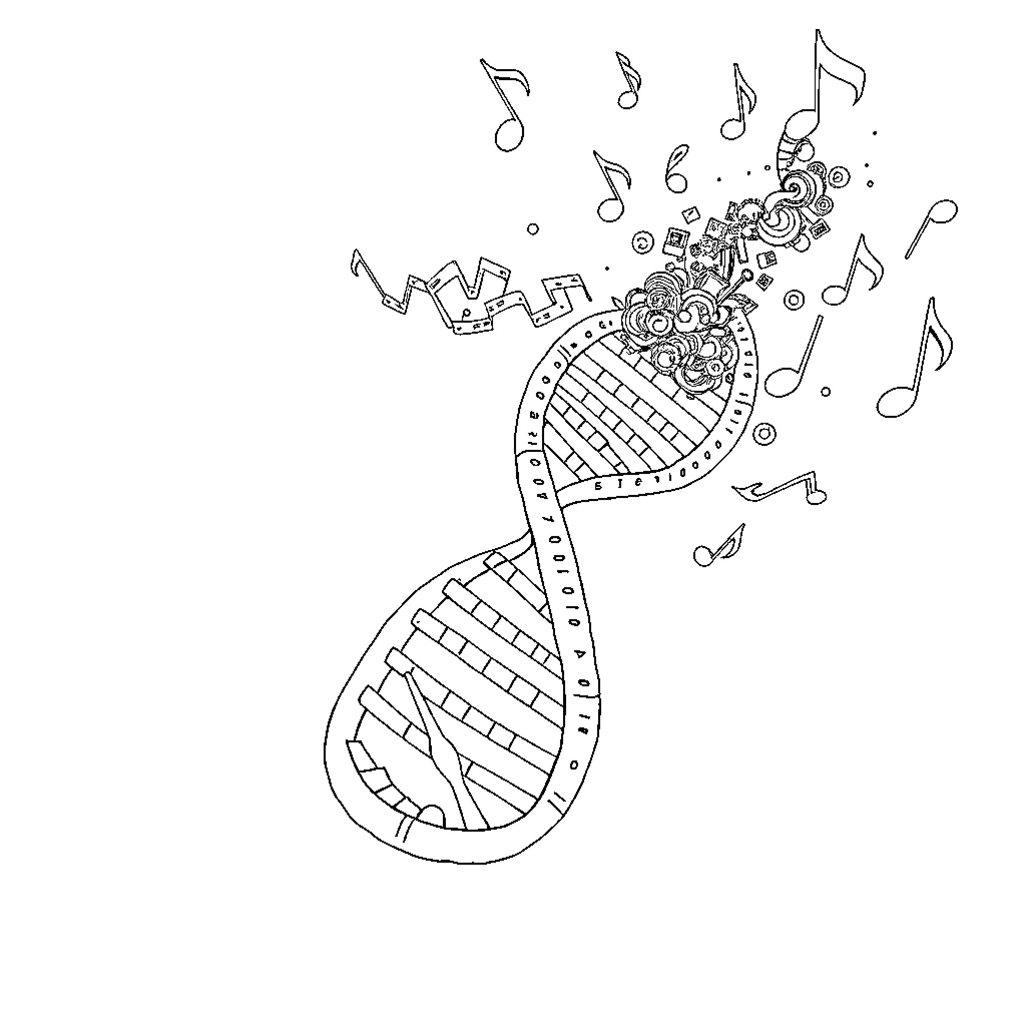 DNA Expressing Melodic Patterns Coloring Page (free black-and-white line drawing printable PDF for all, from beginners to advanced learners, including children, teens, adults, and seniors)