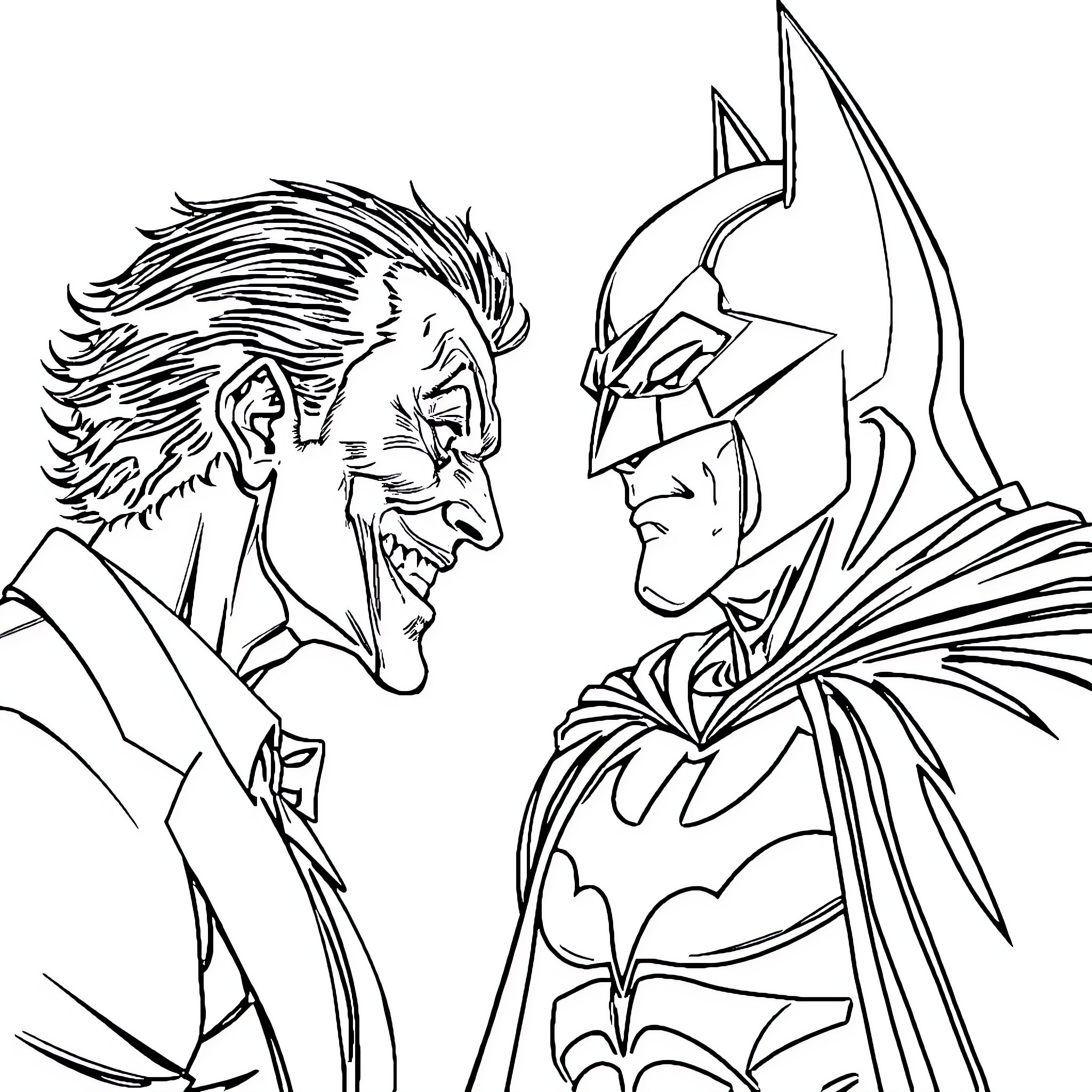 Joker confronting the caped crusader in intense showdown Coloring Page (free black-and-white line drawing printable PDF for all, from beginners to advanced learners, including children, teens, adults, and seniors)