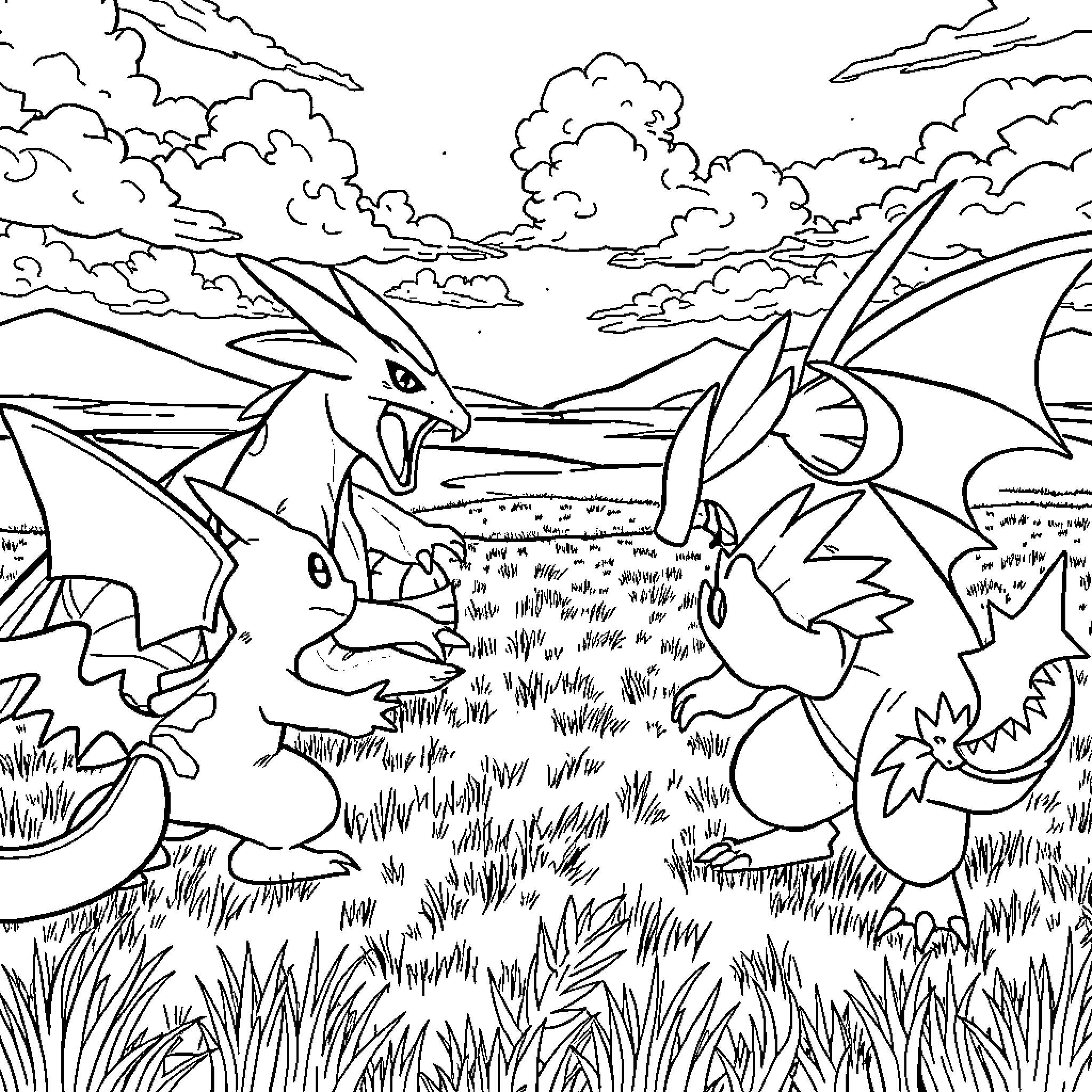 Pokémon Adventure in the Grassy Landscape Coloring Page (free black-and-white line drawing printable PDF for all, from beginners to advanced learners, including children, teens, adults, and seniors)