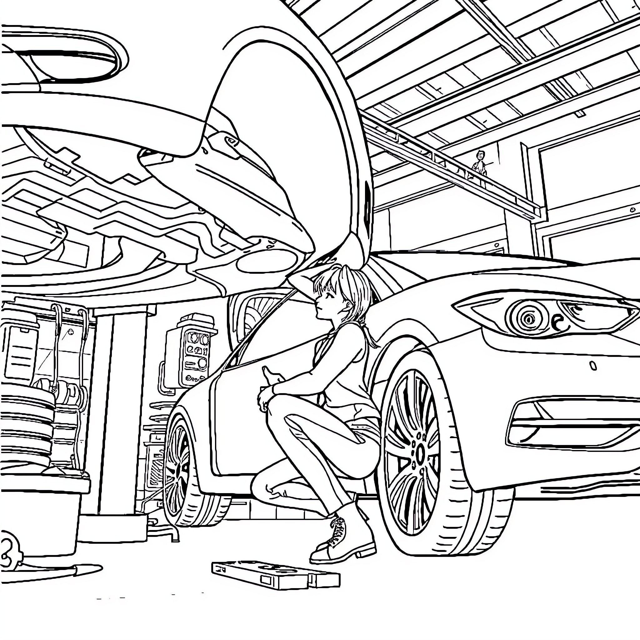 Mechanic working on a car in a garage Coloring Page (free black-and-white line drawing printable PDF for all, from beginners to advanced learners, including children, teens, adults, and seniors)