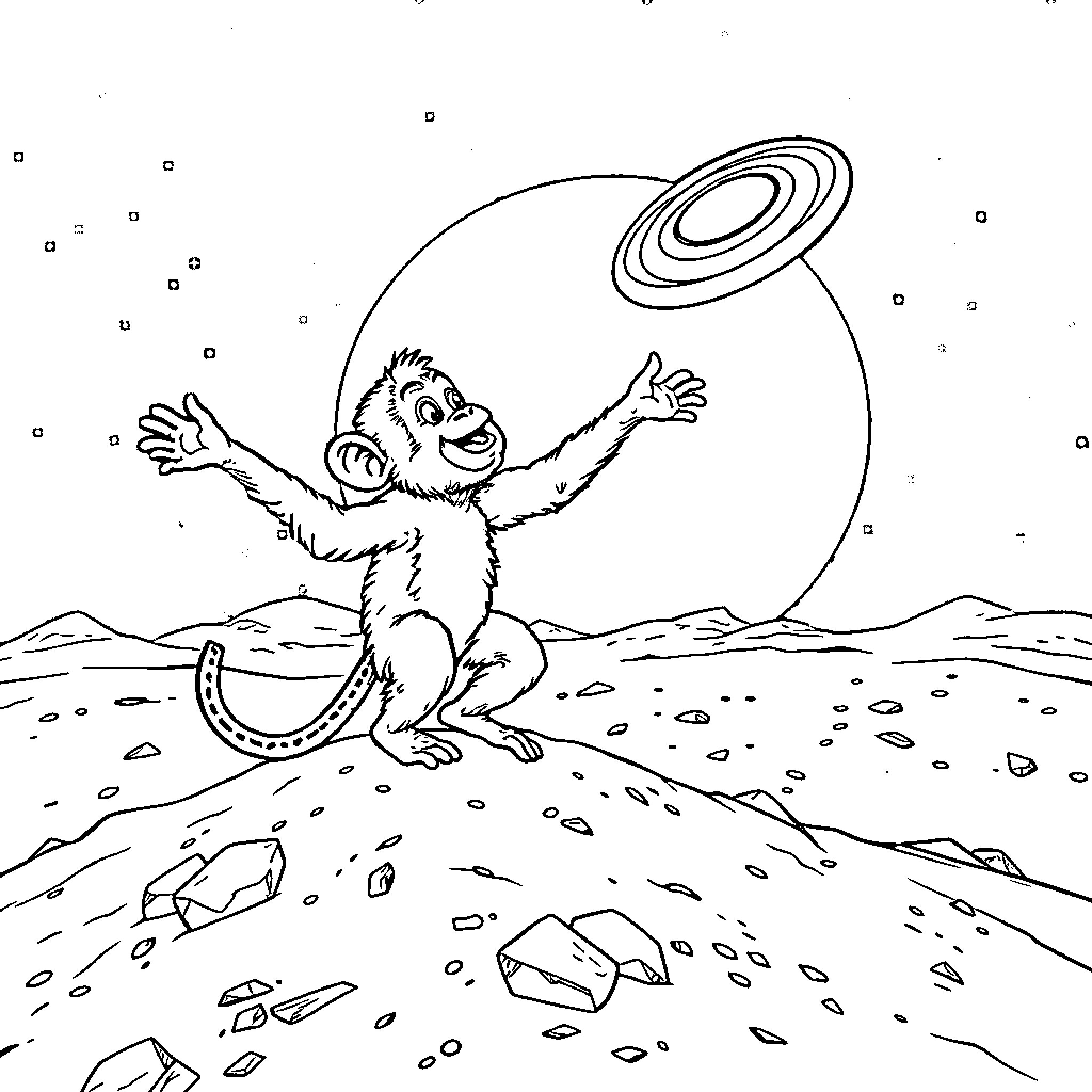 Monkey playing joyfully with a frisbee in the desert Coloring Page (free black-and-white line drawing printable PDF for all, from beginners to advanced learners, including children, teens, adults, and seniors)