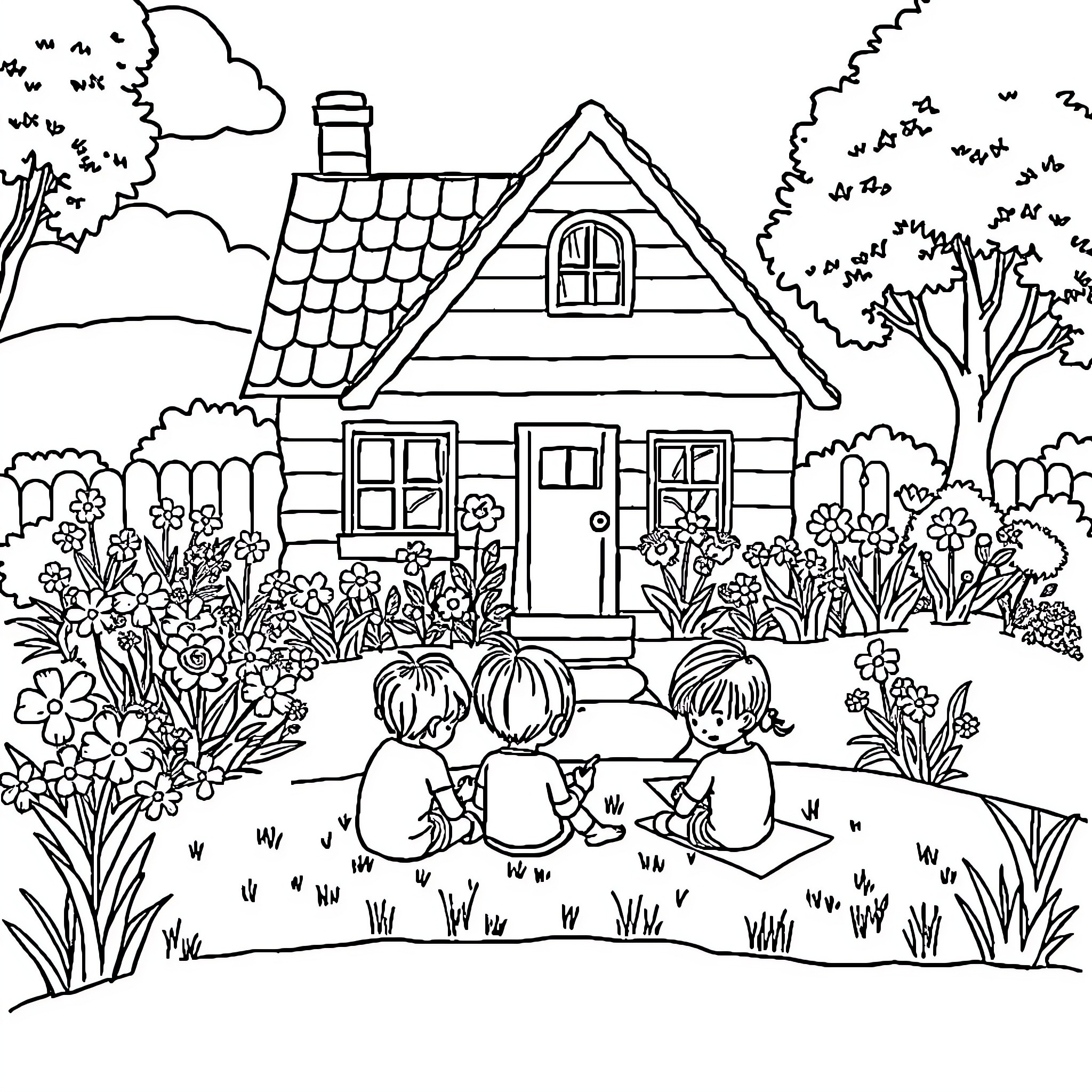 House with children playing in the garden Coloring Page (free black-and-white line drawing printable PDF for all, from beginners to advanced learners, including children, teens, adults, and seniors)