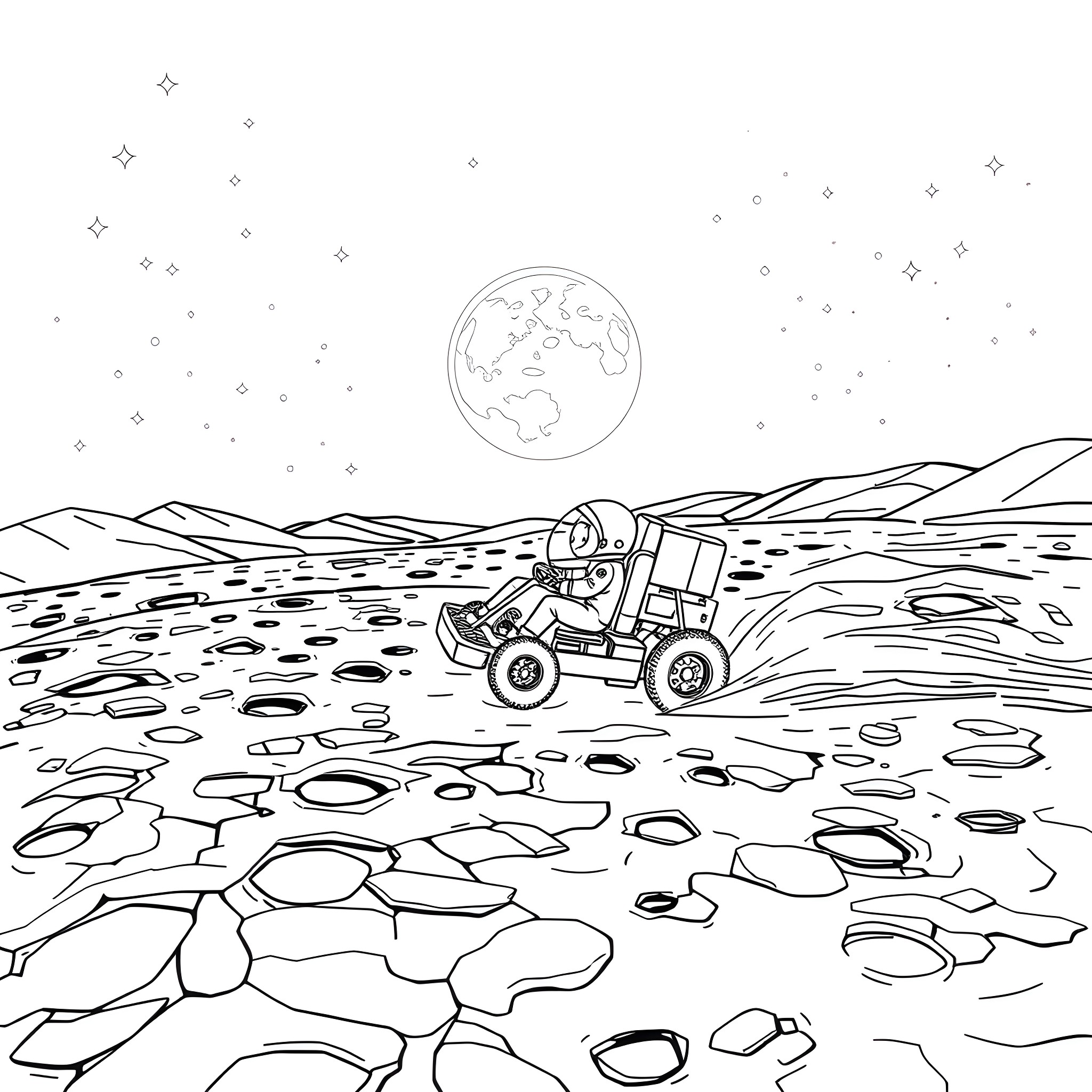 Go Kart Racing on the Lunar Surface Coloring Page (free black-and-white line drawing printable PDF for all, from beginners to advanced learners, including children, teens, adults, and seniors)