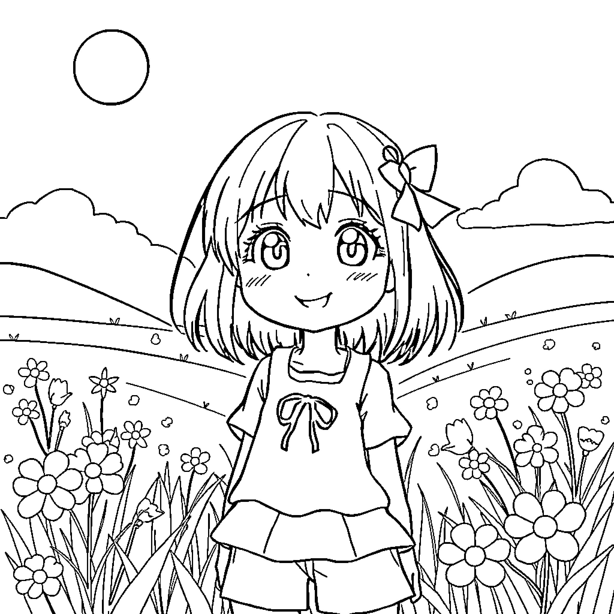 Hinata enjoying the floral landscape Coloring Page (free black-and-white line drawing printable PDF for all, from beginners to advanced learners, including children, teens, adults, and seniors)