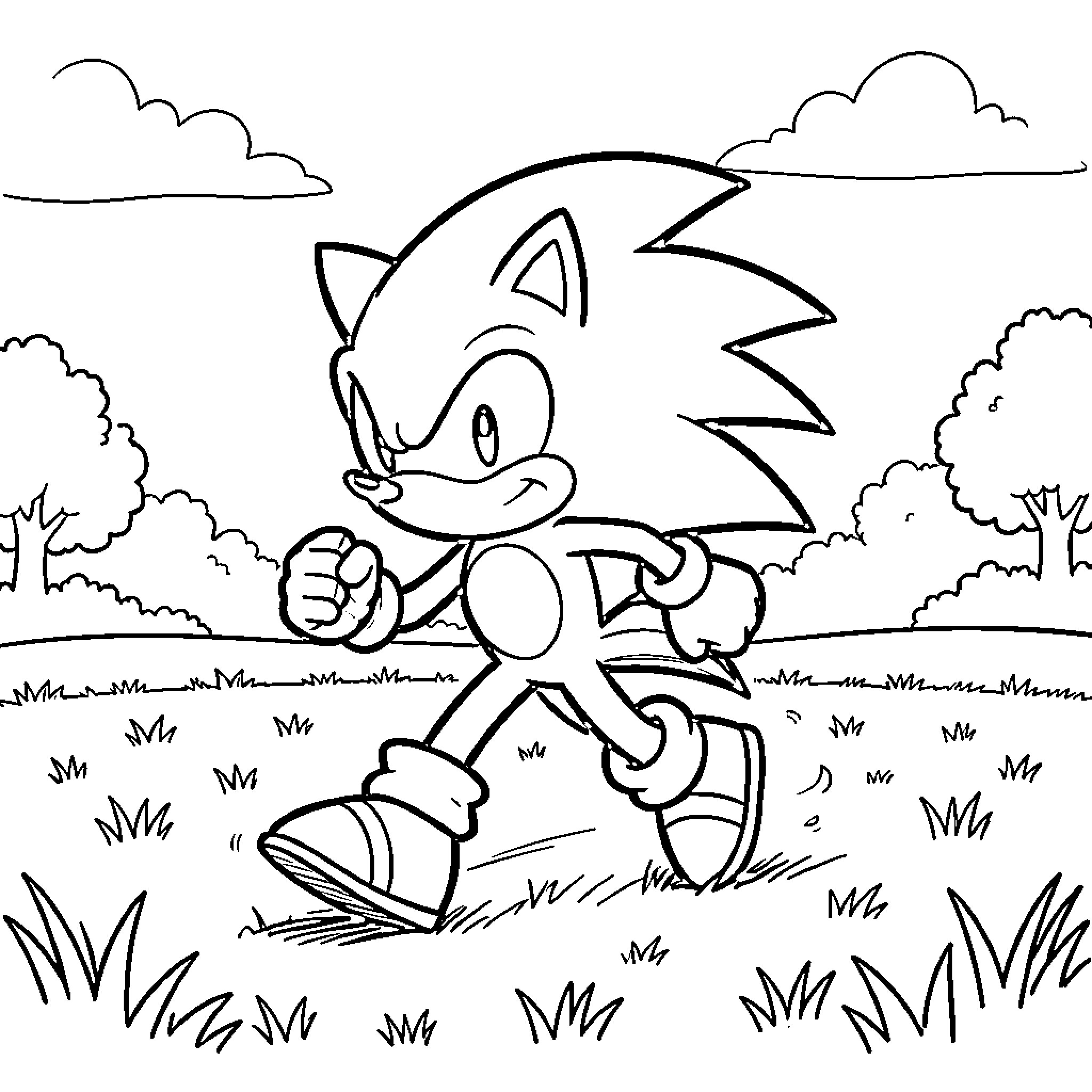 Sonic running through the countryside Coloring Page (free black-and-white line drawing printable PDF for all, from beginners to advanced learners, including children, teens, adults, and seniors)