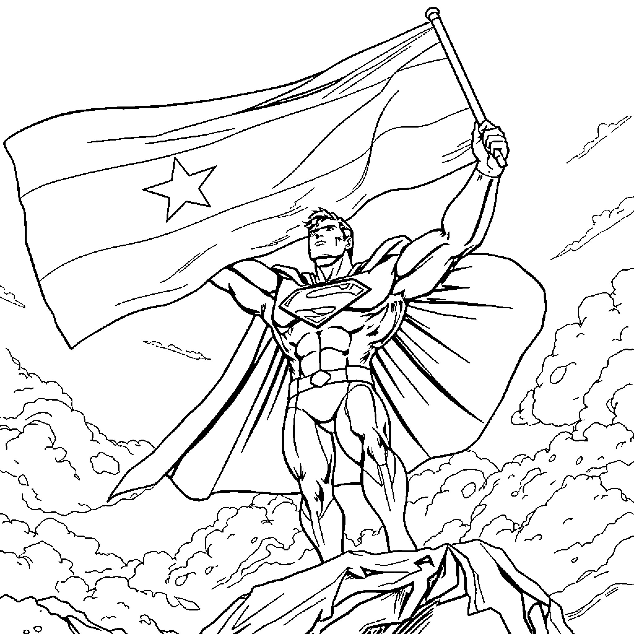 Superman heroically waves national flag Coloring Page (free black-and-white line drawing printable PDF for all, from beginners to advanced learners, including children, teens, adults, and seniors)
