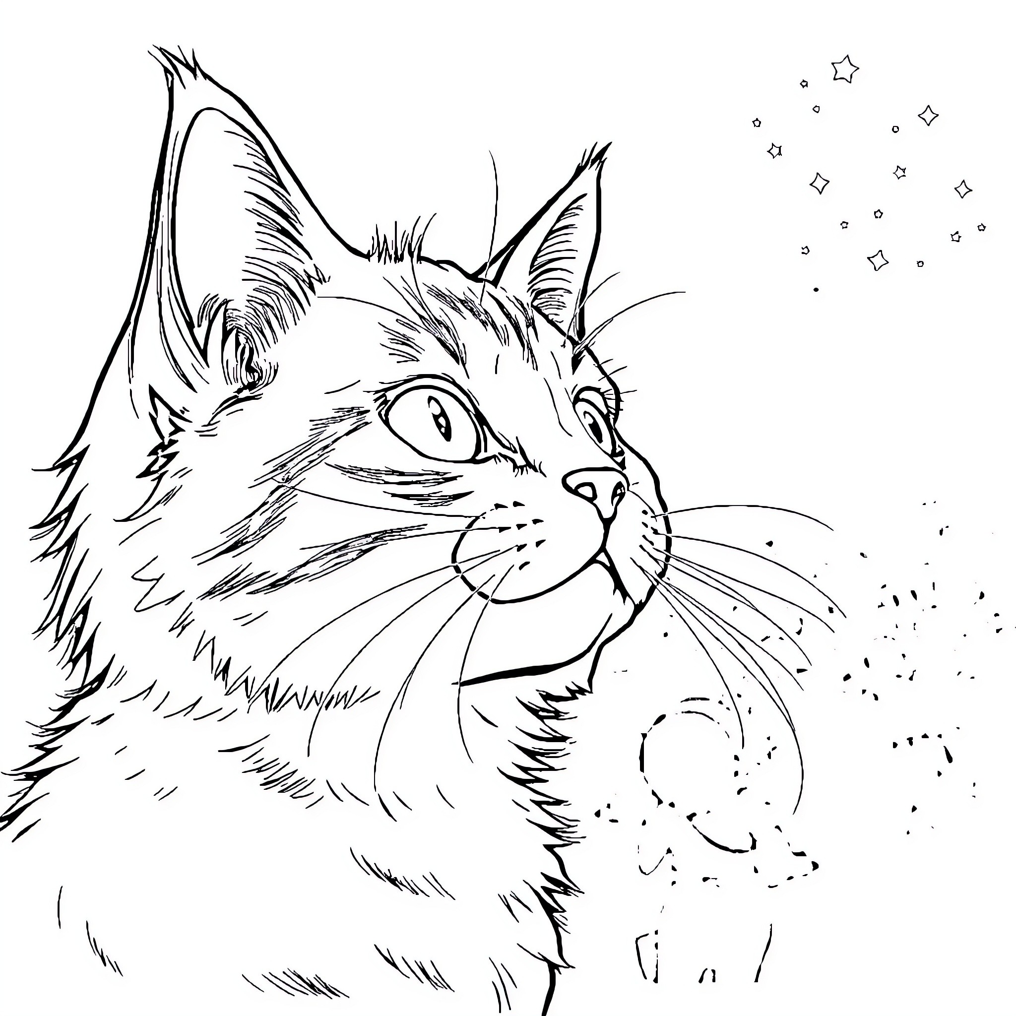 Kat's Whimsical Cat Daydream Coloring Page (free black-and-white line drawing printable PDF for all, from beginners to advanced learners, including children, teens, adults, and seniors)