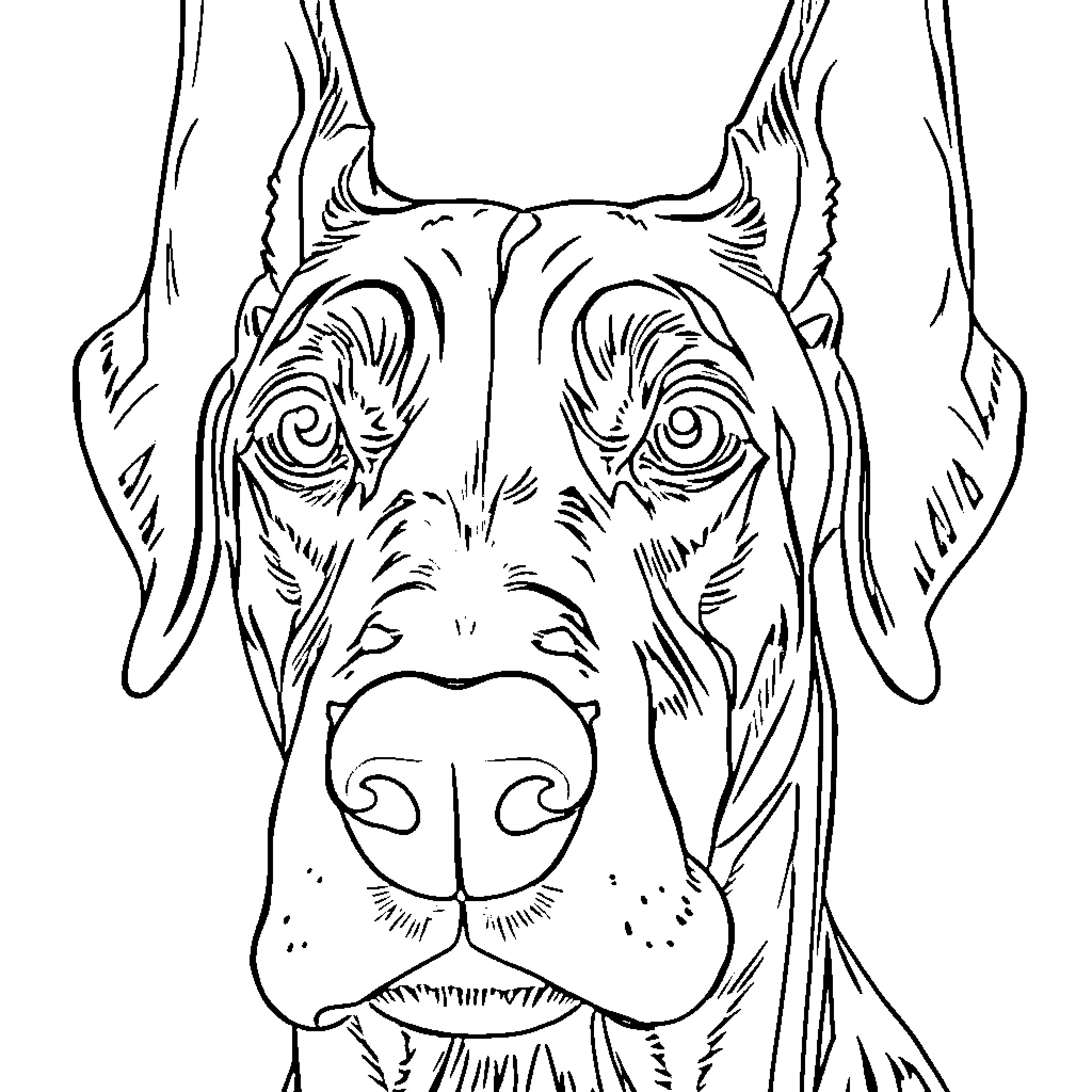 Doberman guard dog with intense gaze Coloring Page (free black-and-white line drawing printable PDF for all, from beginners to advanced learners, including children, teens, adults, and seniors)