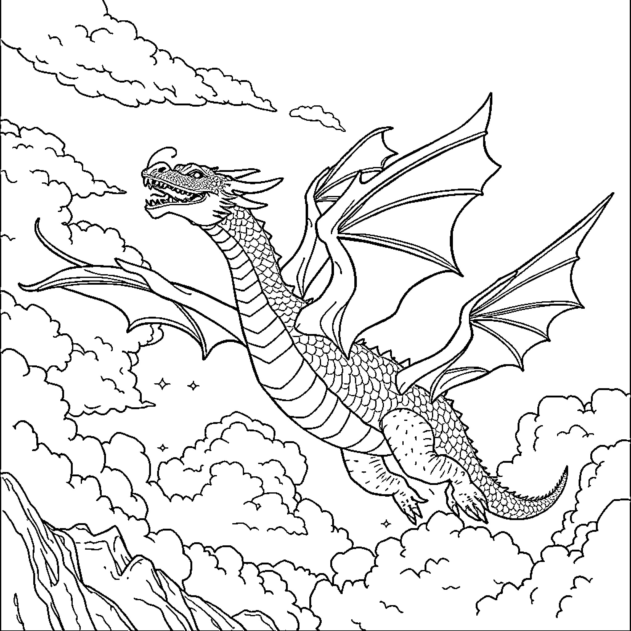 Dragon soaring through the clouds Coloring Page (free black-and-white line drawing printable PDF for all, from beginners to advanced learners, including children, teens, adults, and seniors)