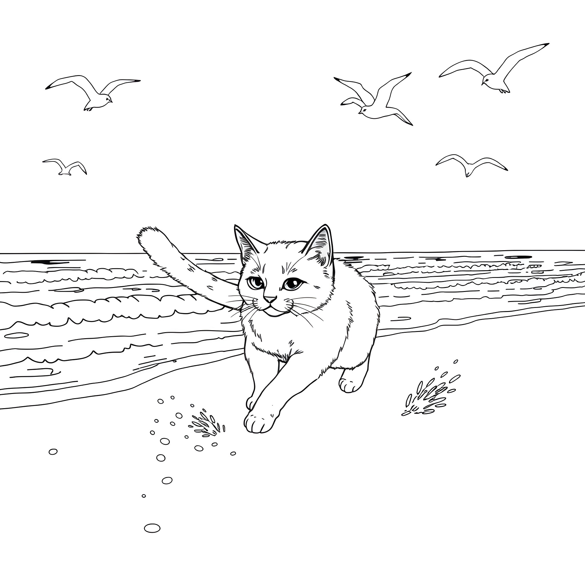 Cat exploring the beach with seagulls Coloring Page (free black-and-white line drawing printable PDF for all, from beginners to advanced learners, including children, teens, adults, and seniors)