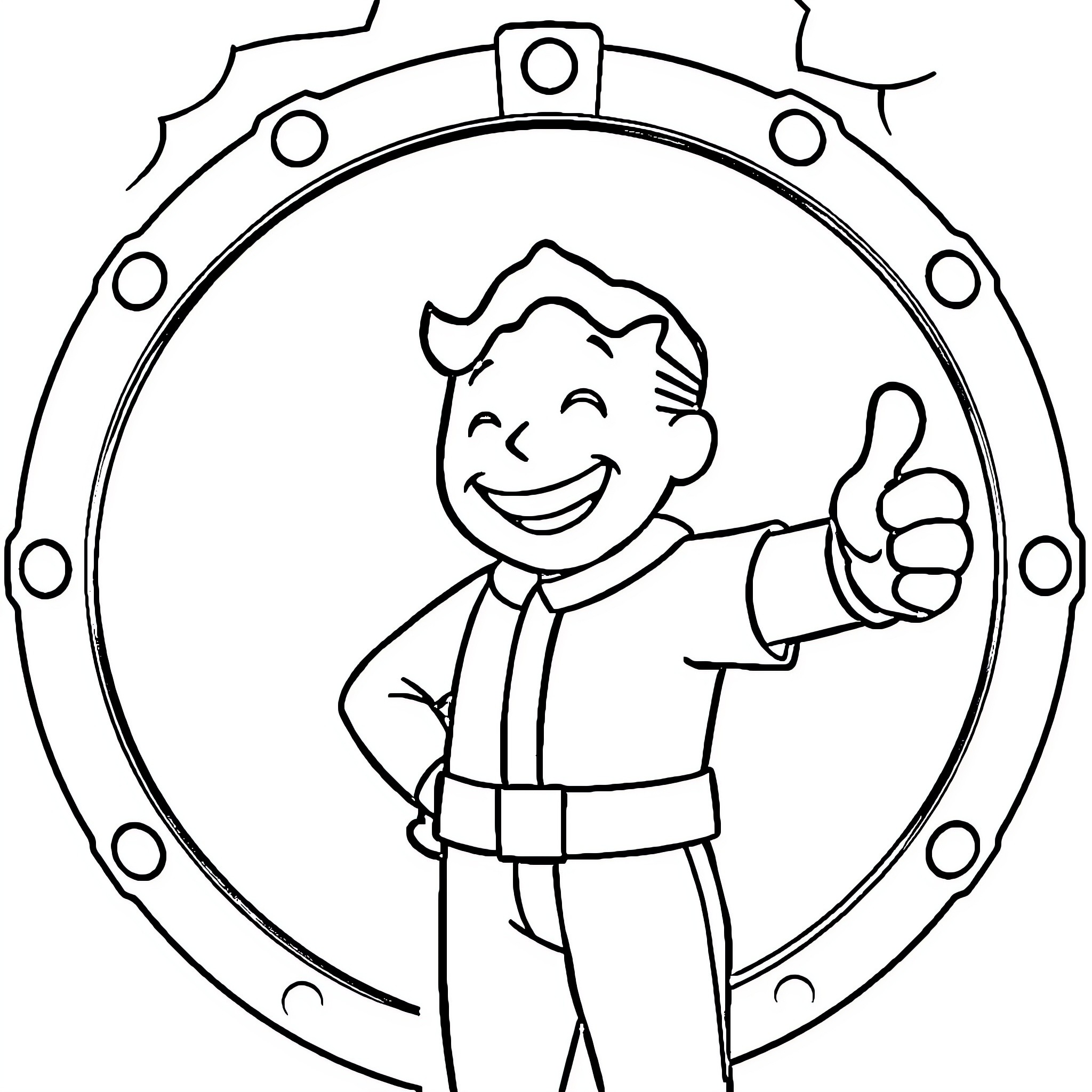 Vault Boy giving a thumbs up in a circular frame Coloring Page (free black-and-white line drawing printable PDF for all, from beginners to advanced learners, including children, teens, adults, and seniors)