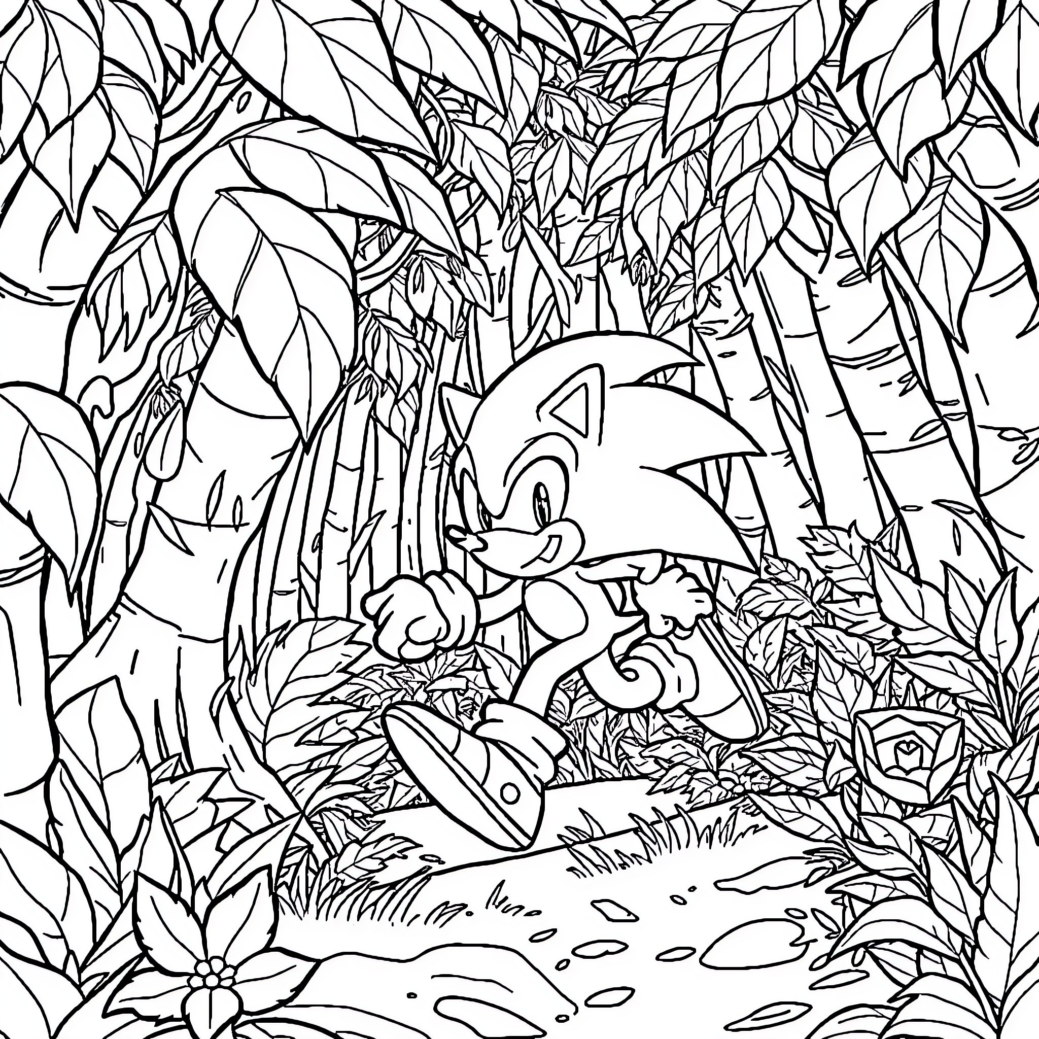Sonic exploring the lush forest environment Coloring Page (free black-and-white line drawing printable PDF for all, from beginners to advanced learners, including children, teens, adults, and seniors)