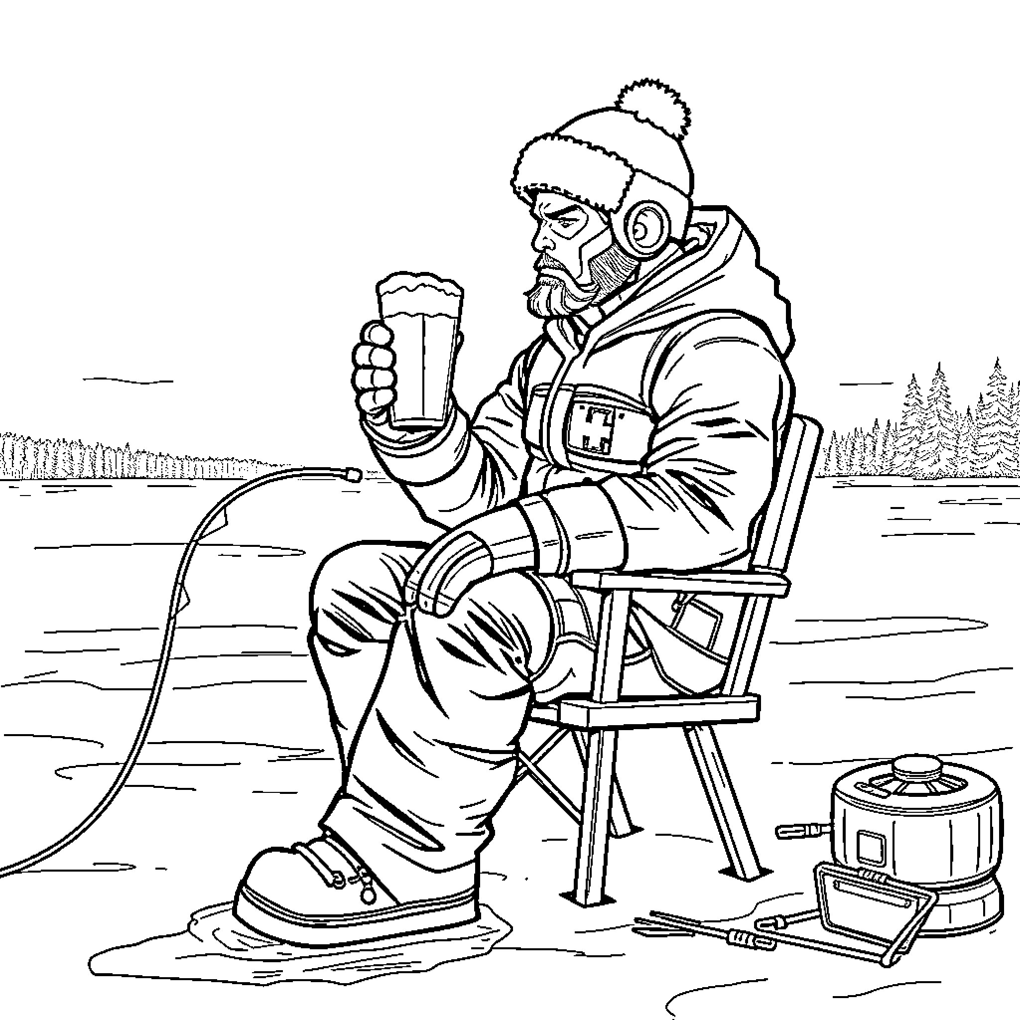 Ironman enjoying a warm beverage on a snowy day Coloring Page (free black-and-white line drawing printable PDF for all, from beginners to advanced learners, including children, teens, adults, and seniors)