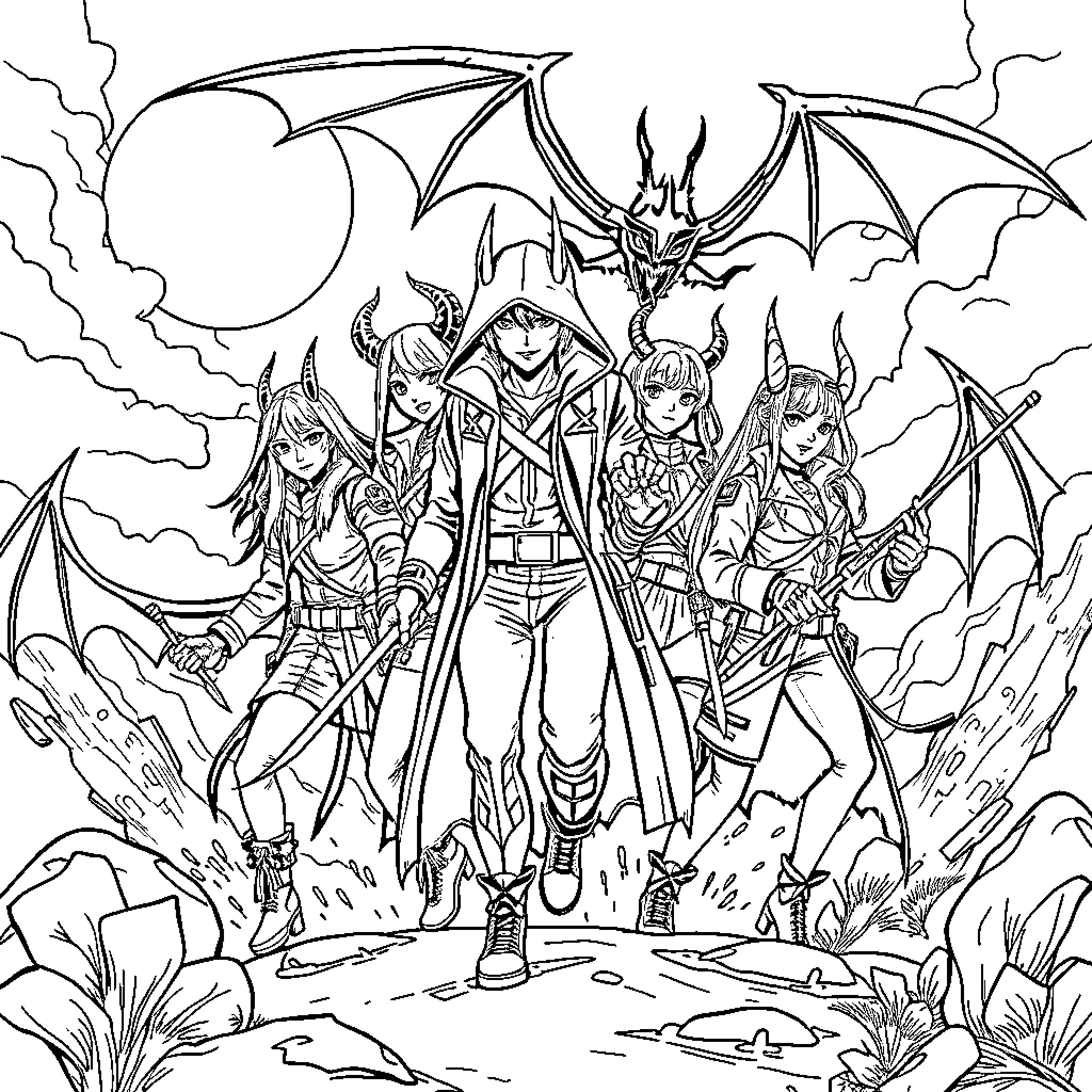 Demon Hunter's Valiant Stand Against the Darkness Coloring Page (free black-and-white line drawing printable PDF for all, from beginners to advanced learners, including children, teens, adults, and seniors)
