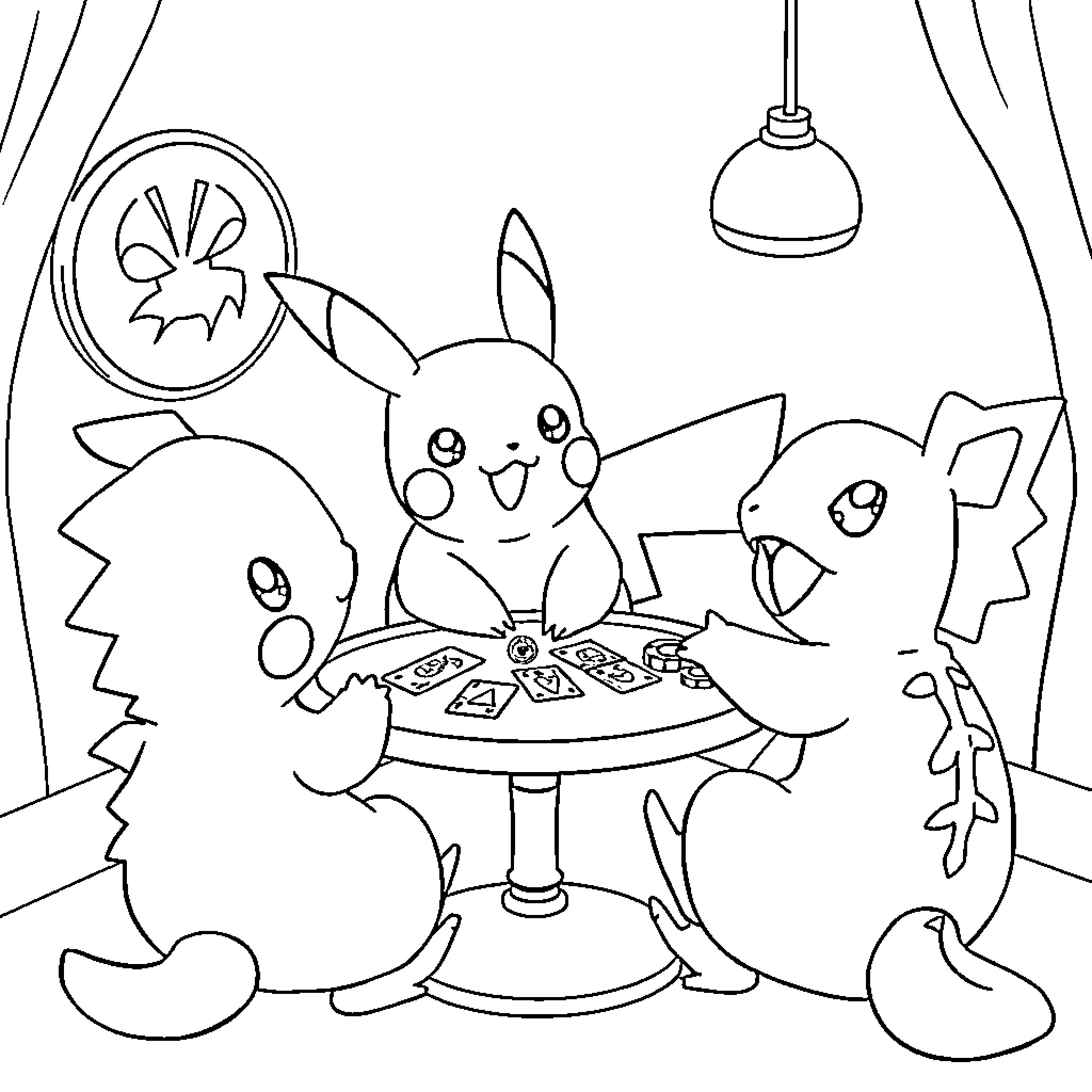 Pikachu enjoying a meal with friends Coloring Page (free black-and-white line drawing printable PDF for all, from beginners to advanced learners, including children, teens, adults, and seniors)