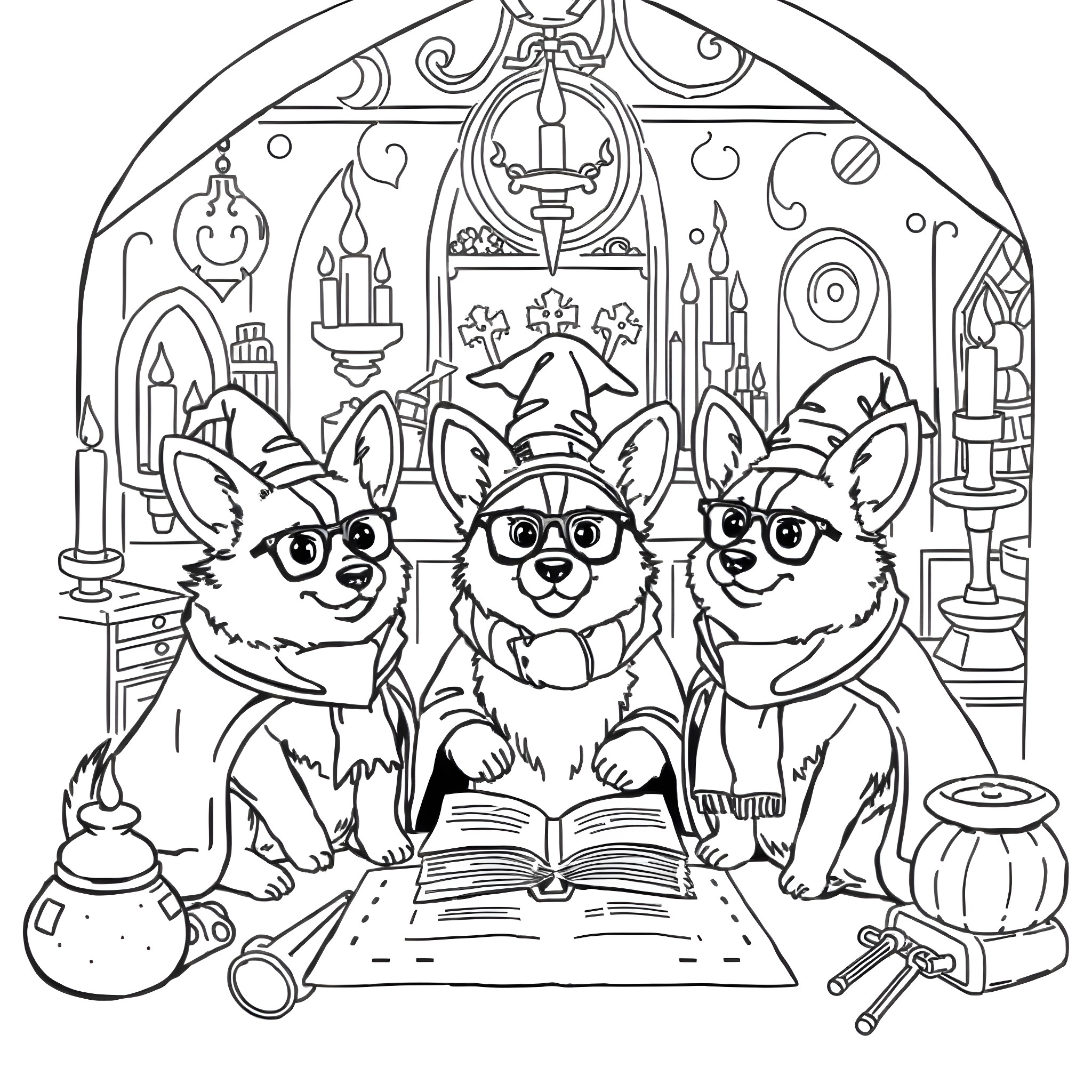 Corgis Reading Magic Books in Enchanted Study Coloring Page (free black-and-white line drawing printable PDF for all, from beginners to advanced learners, including children, teens, adults, and seniors)