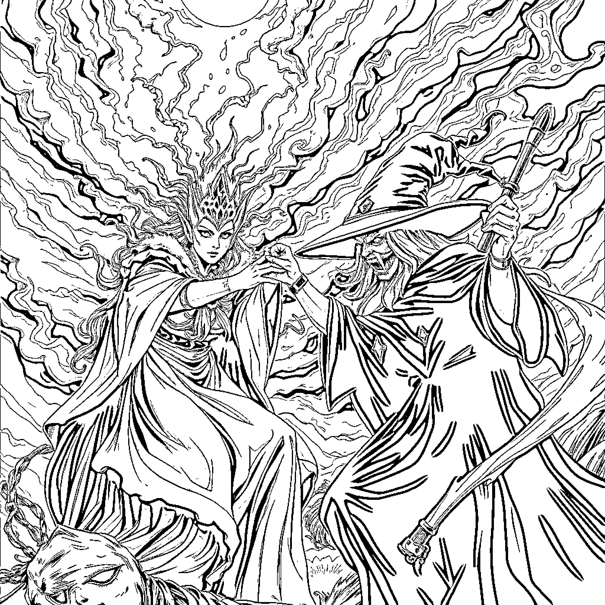 Queen's Celestial Enchantment Coloring Page (free black-and-white line drawing printable PDF for all, from beginners to advanced learners, including children, teens, adults, and seniors)