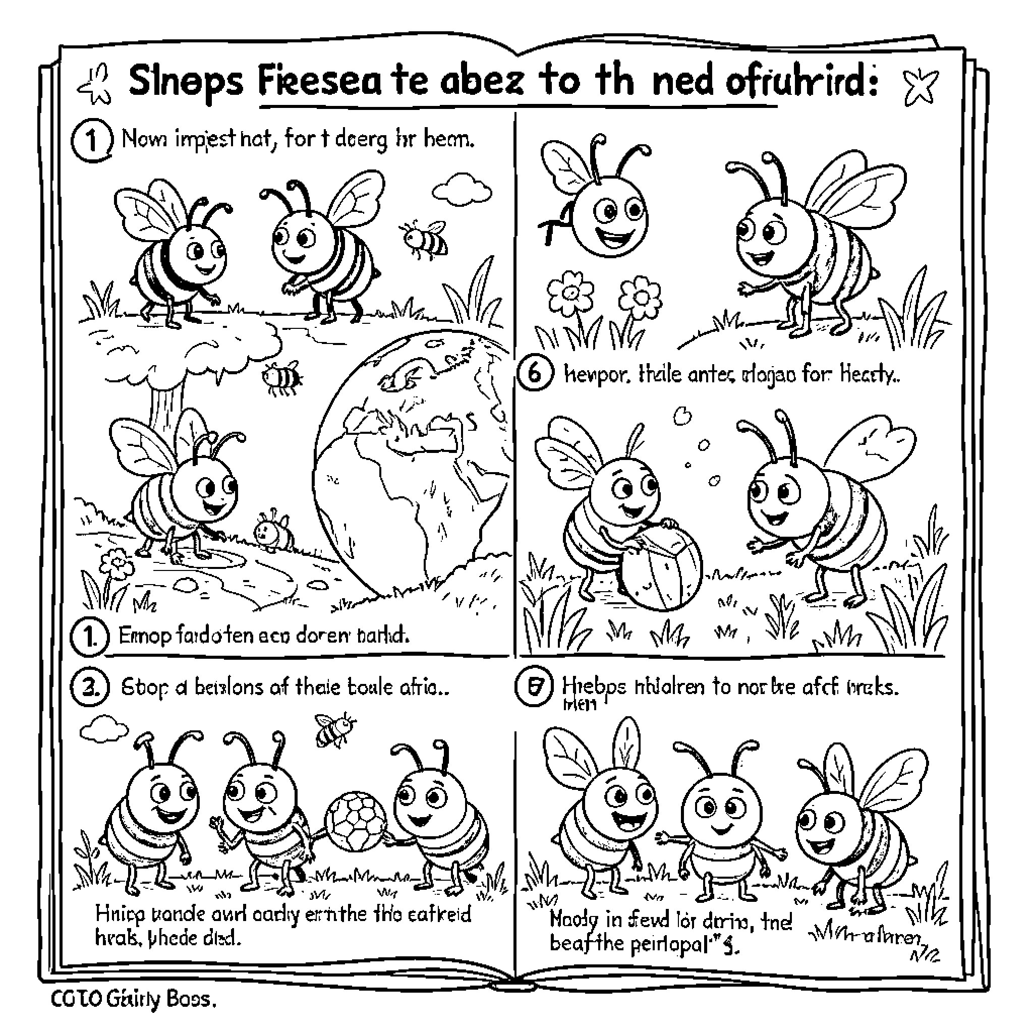 Bee characters interacting and playing in various scenes Coloring Page (free black-and-white line drawing printable PDF for all, from beginners to advanced learners, including children, teens, adults, and seniors)