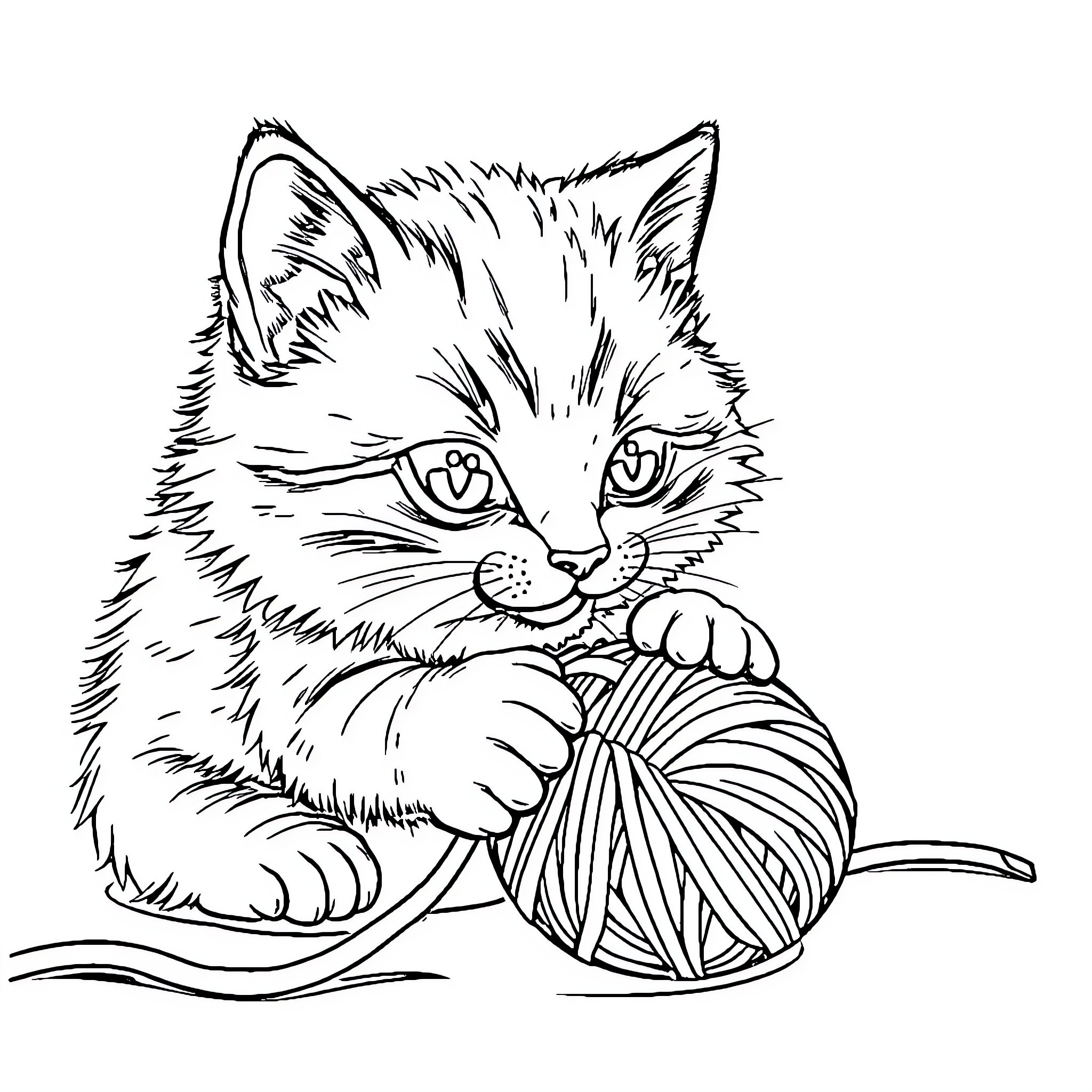 Cat playing with yarn ball Coloring Page (free black-and-white line drawing printable PDF for all, from beginners to advanced learners, including children, teens, adults, and seniors)